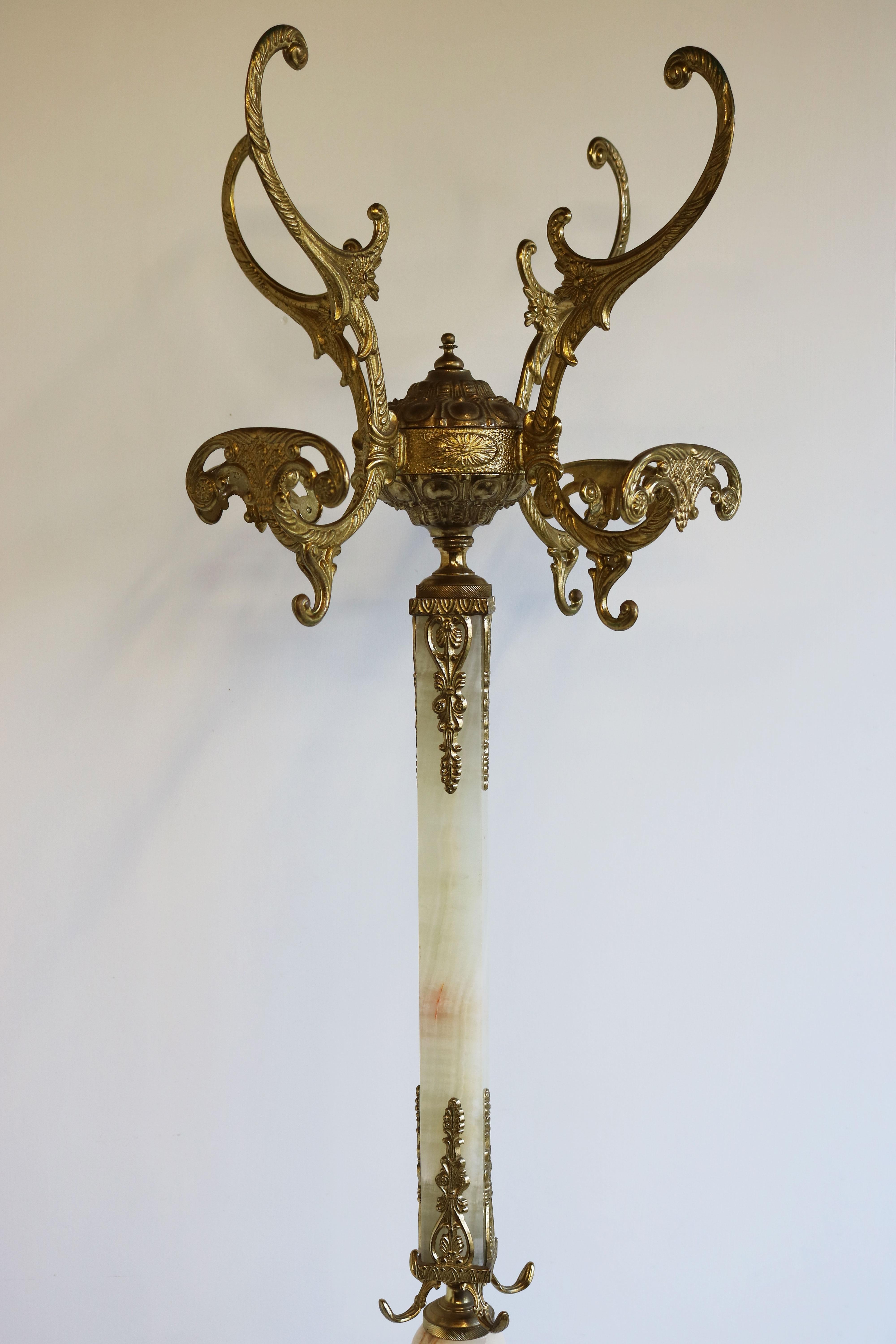 Hand-Carved Italian Brass Marble Coat Rack Hall Tree 50s Hallway Hat Rack Onyx Neoclassical