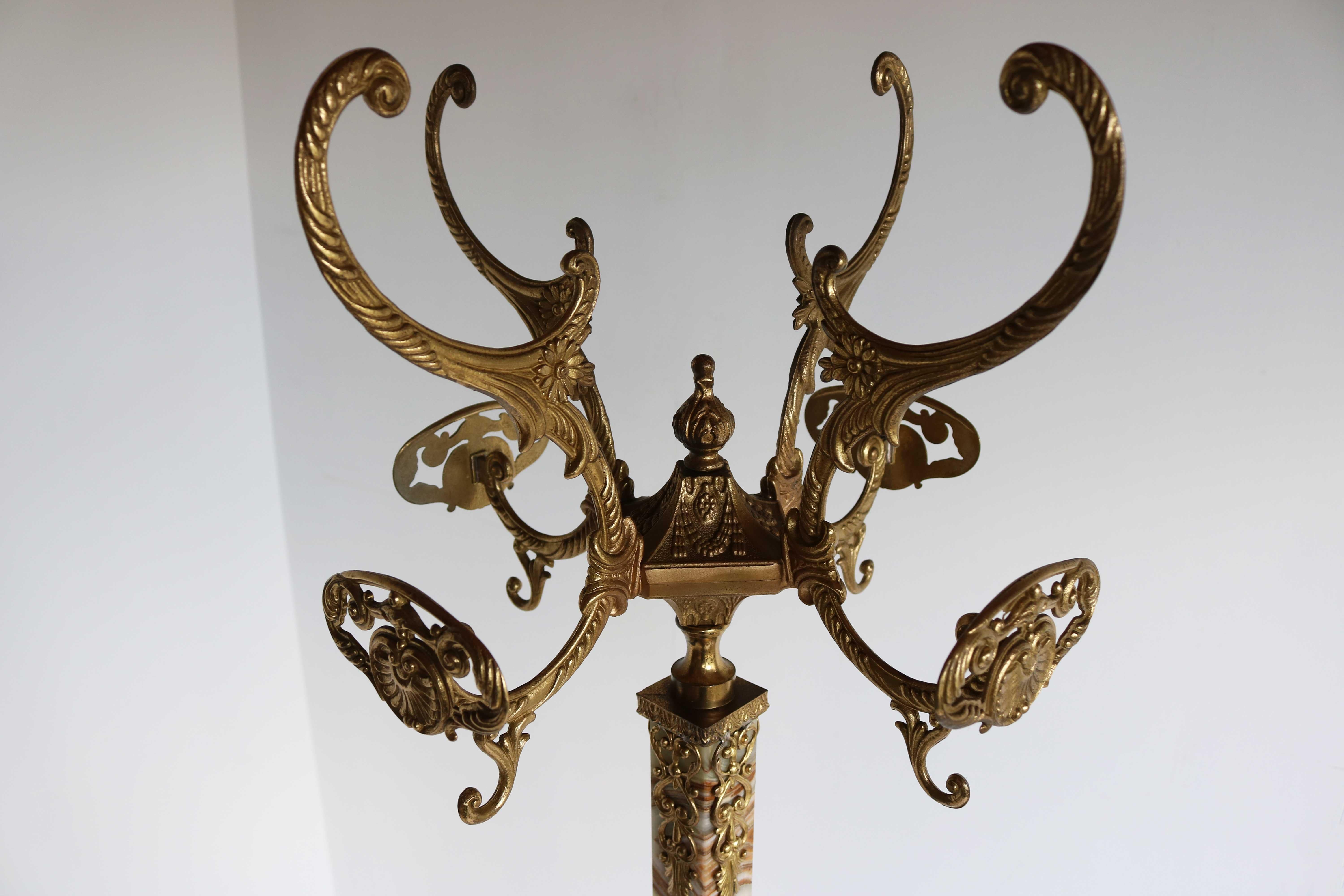 Hand-Crafted Italian Brass Marble Coat Rack Hall Tree 50s Hallway Hat Rack Onyx Neoclassical