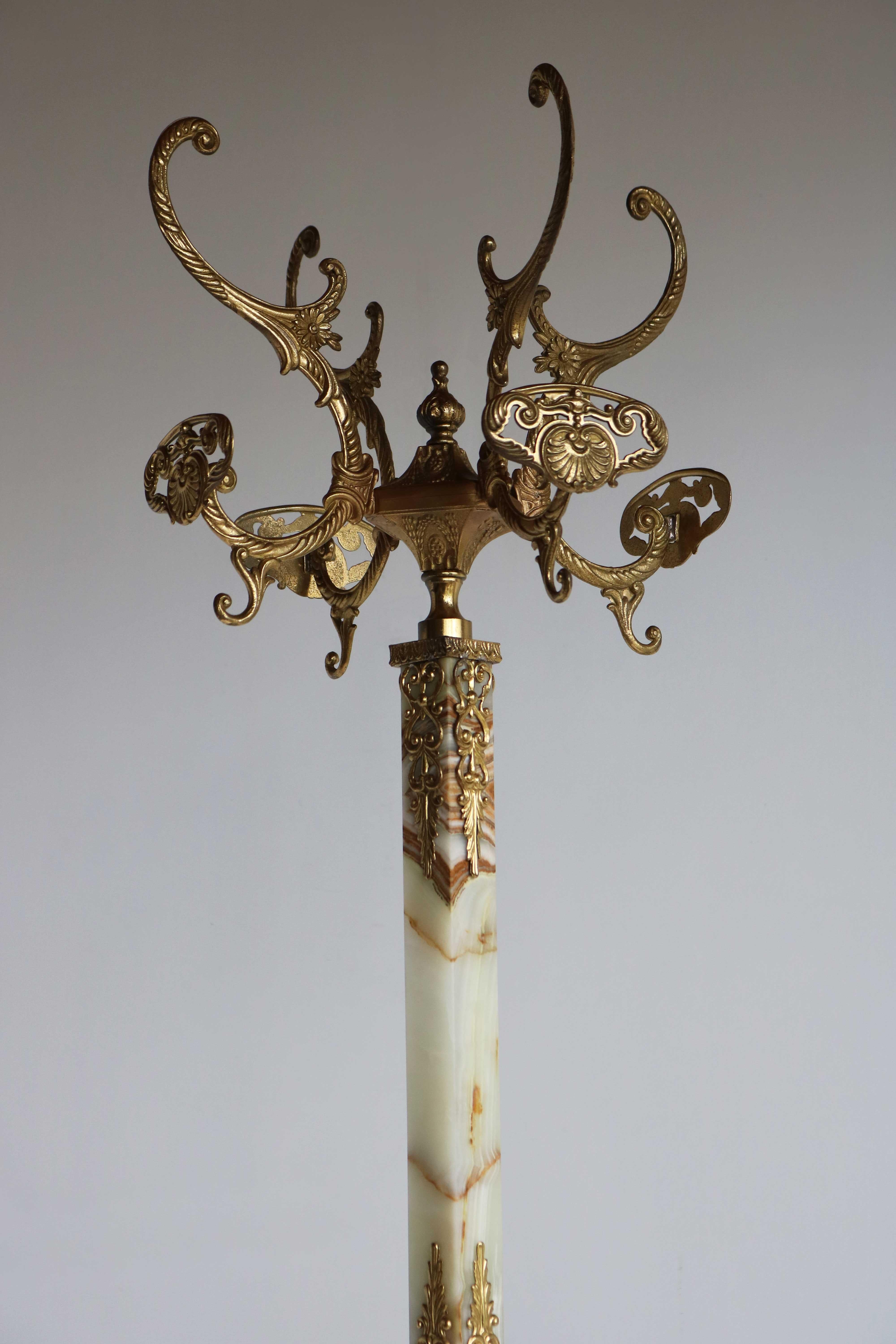 Mid-20th Century Italian Brass Marble Coat Rack Hall Tree 50s Hallway Hat Rack Onyx Neoclassical