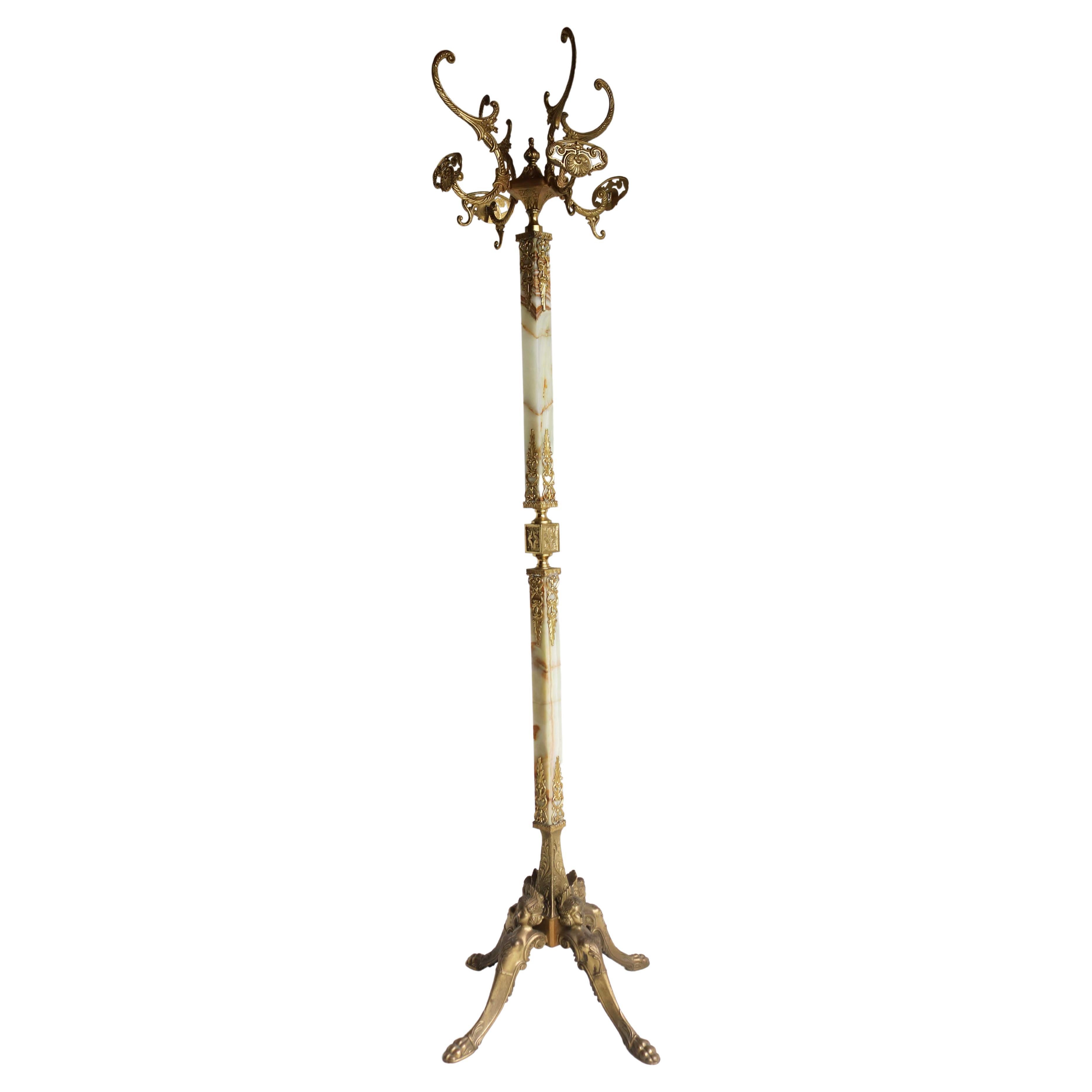 Italian Brass Marble Coat Rack Hall Tree 50s Hallway Hat Rack Onyx Neoclassical