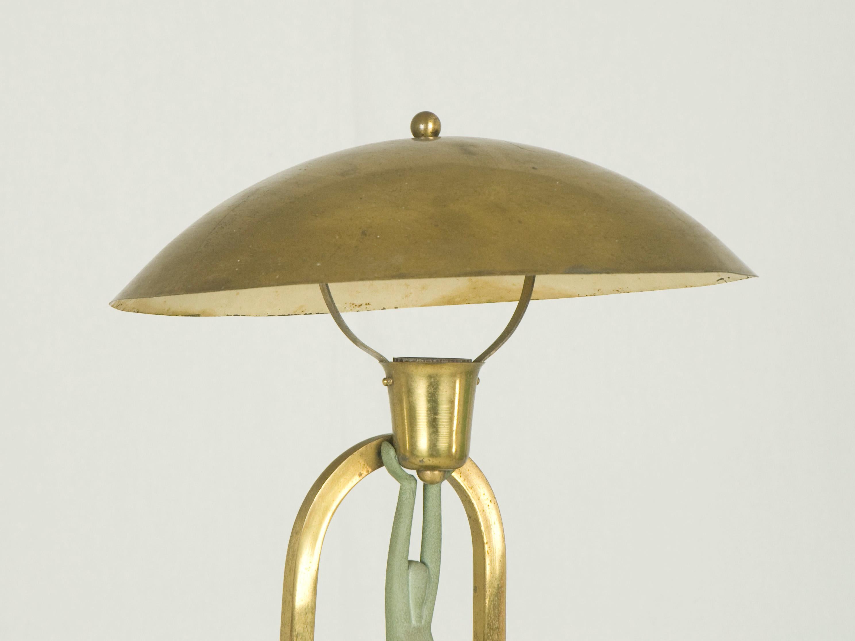 Mid-20th Century Italian Brass & Metal Art Deco Table Lamp with Stylized Figure