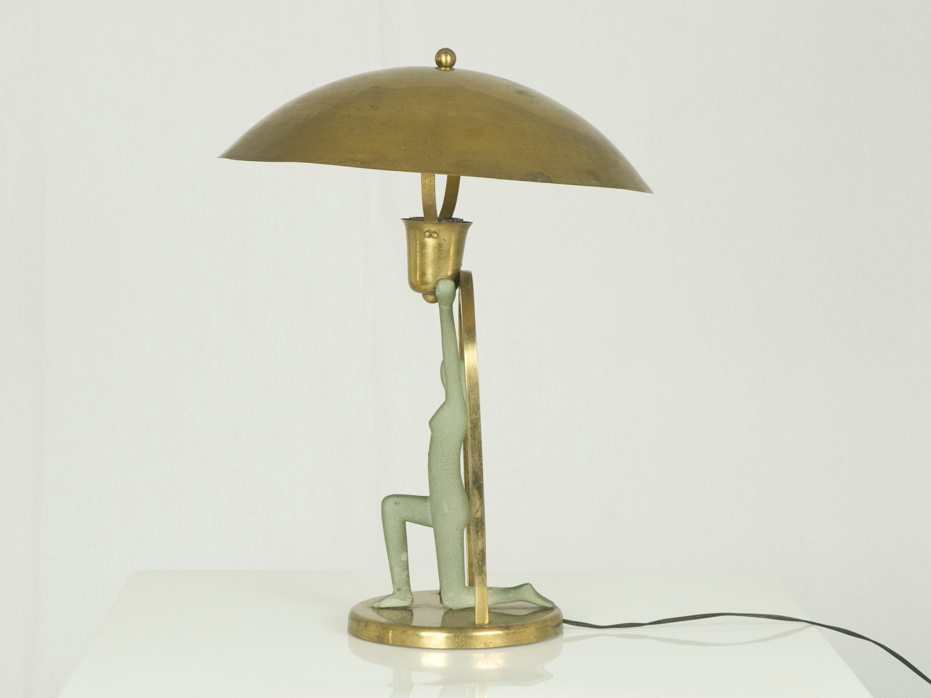 Italian Brass & Metal Art Deco Table Lamp with Stylized Figure 2