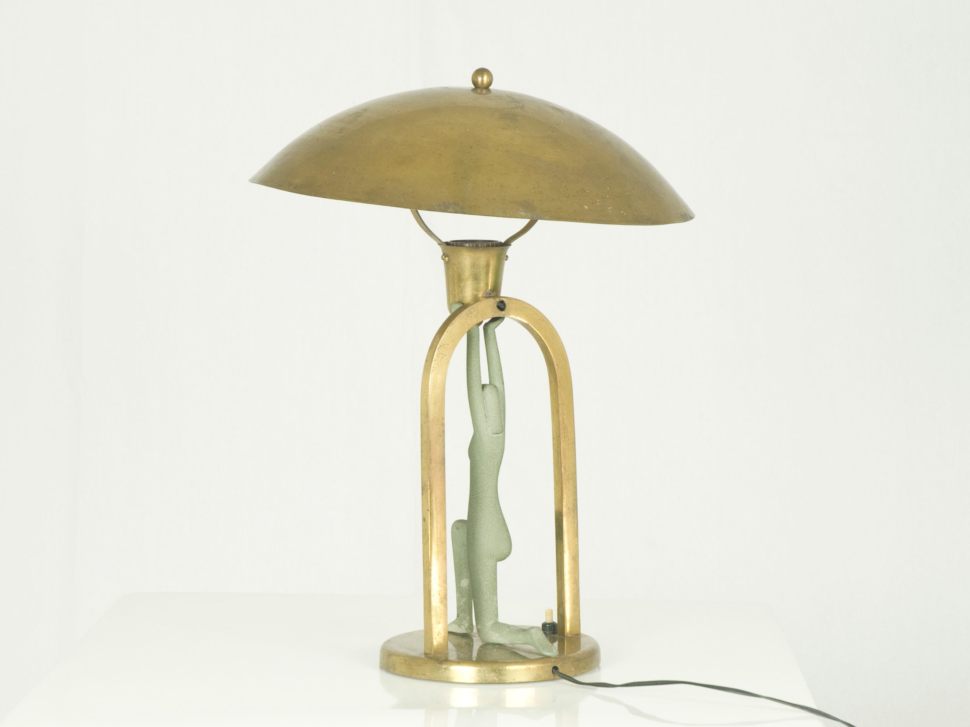 Italian Brass & Metal Art Deco Table Lamp with Stylized Figure 3