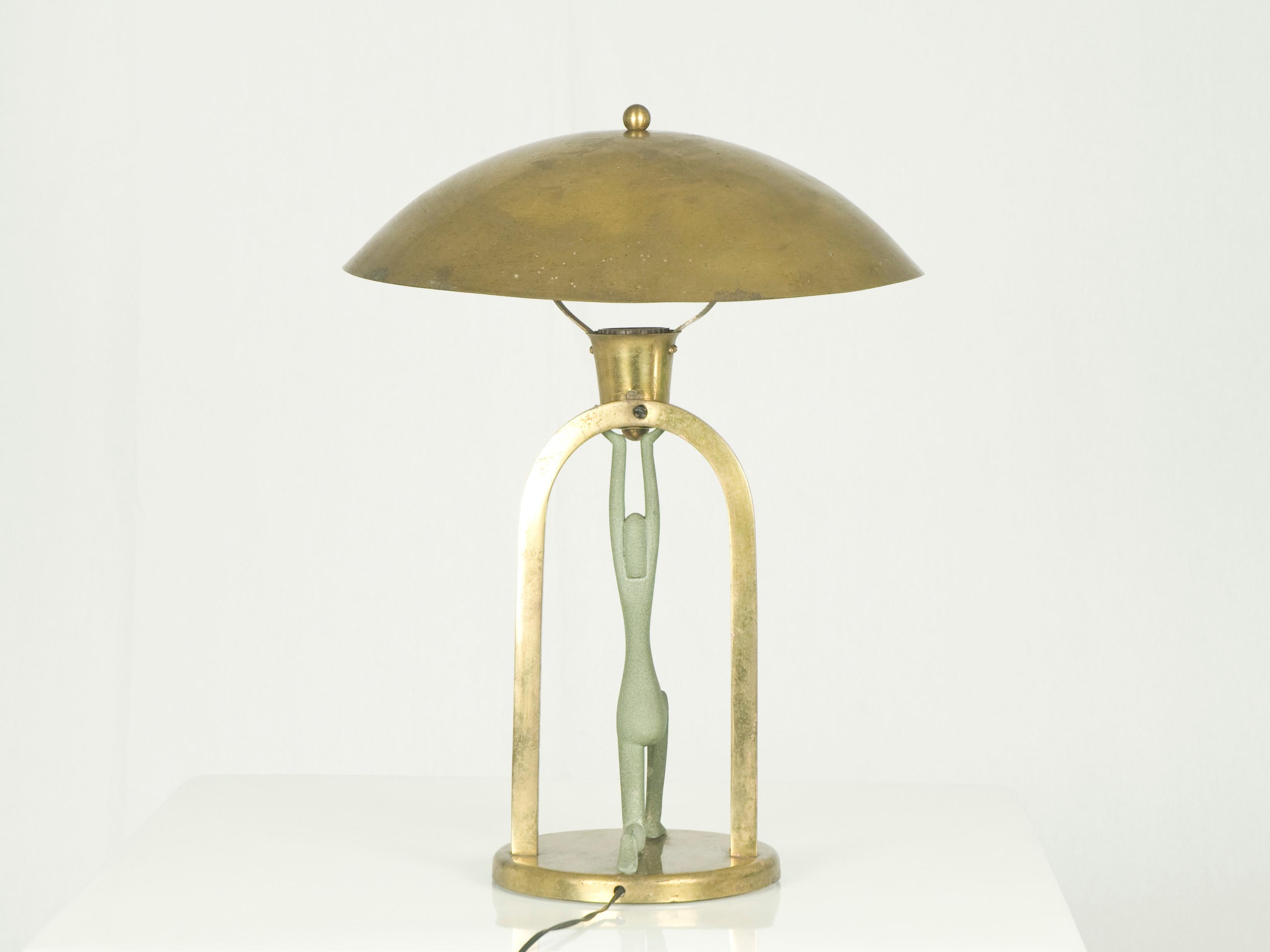 Italian Brass & Metal Art Deco Table Lamp with Stylized Figure 4