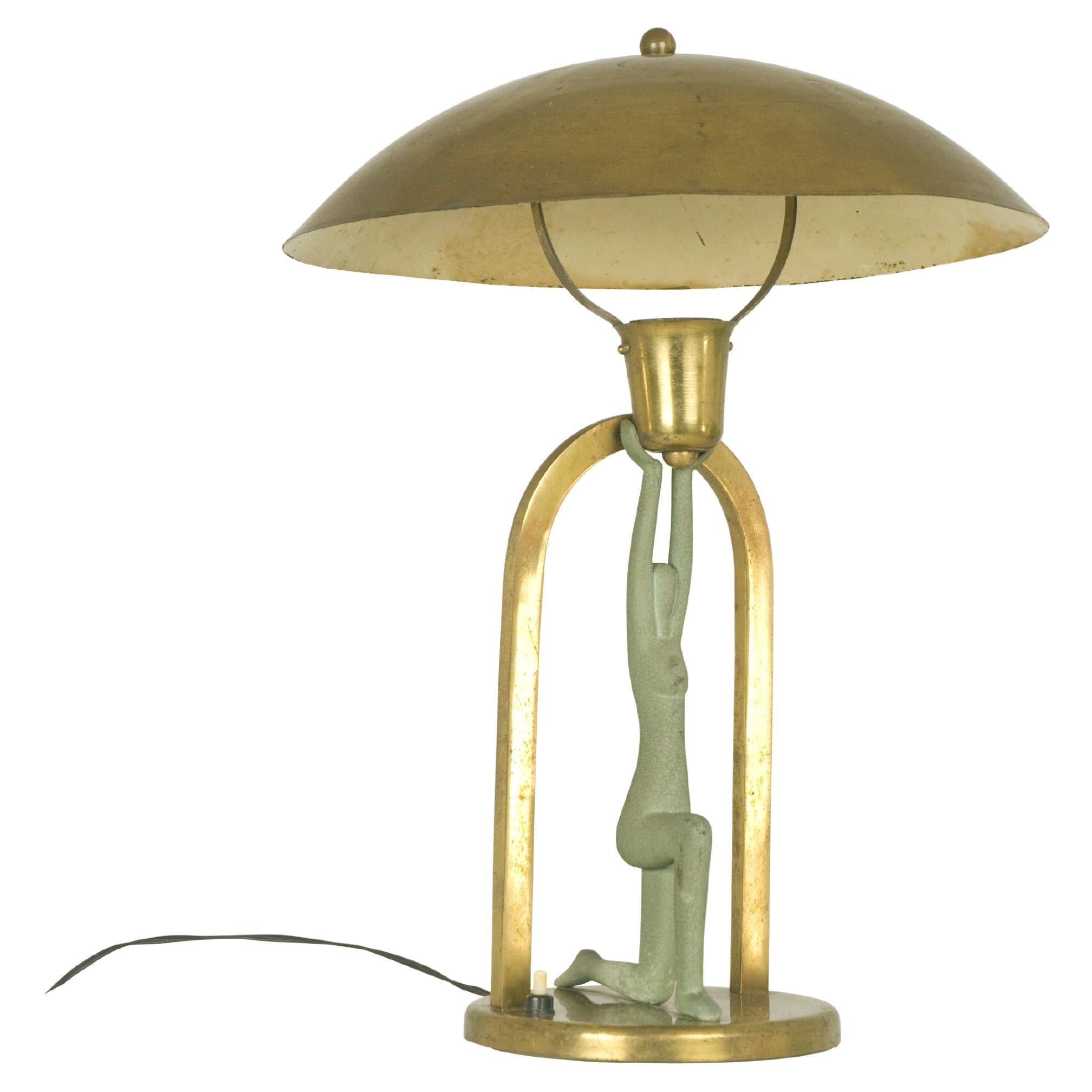 Italian Brass & Metal Art Deco Table Lamp with Stylized Figure