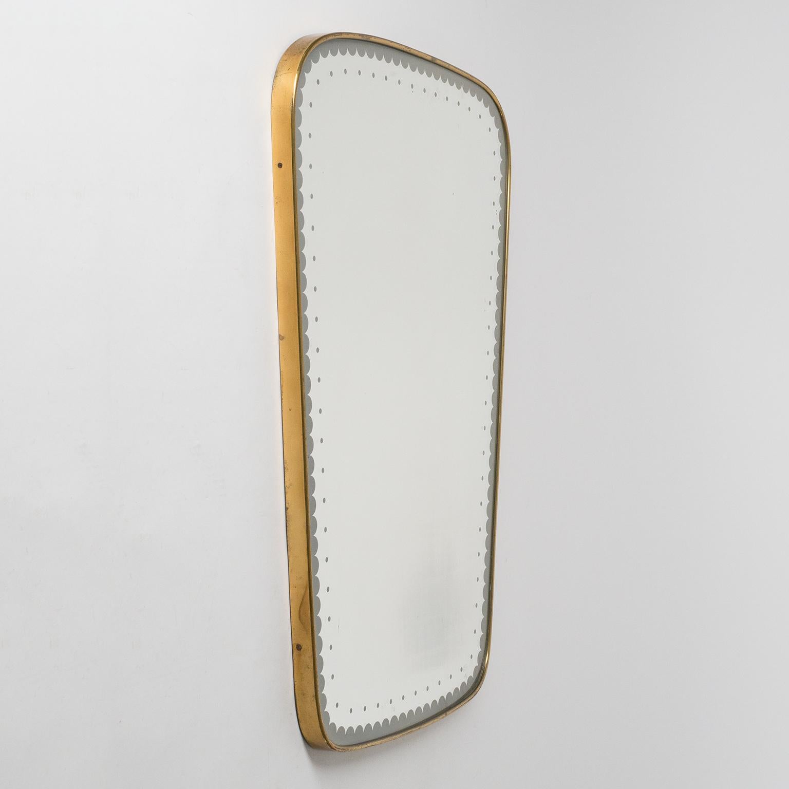 Mid-20th Century Italian Brass Mirror, 1950s, Etched Decor