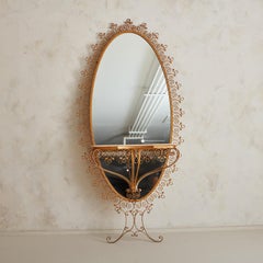 Italian Brass Mirror with Attached Floating Marble Console by Pier Luigi Colli