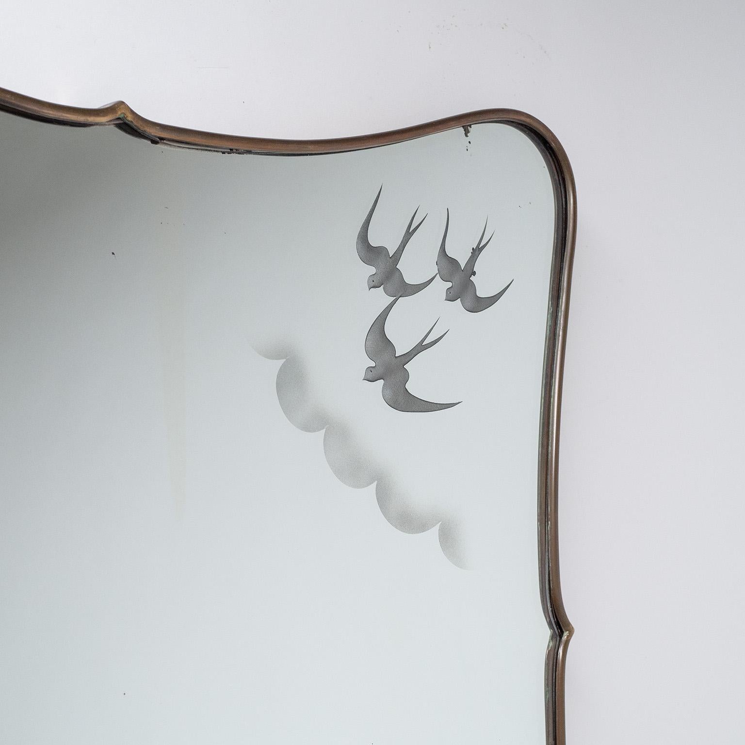 Mid-Century Modern Italian Brass Mirror with Etched Decor, circa 1950 For Sale