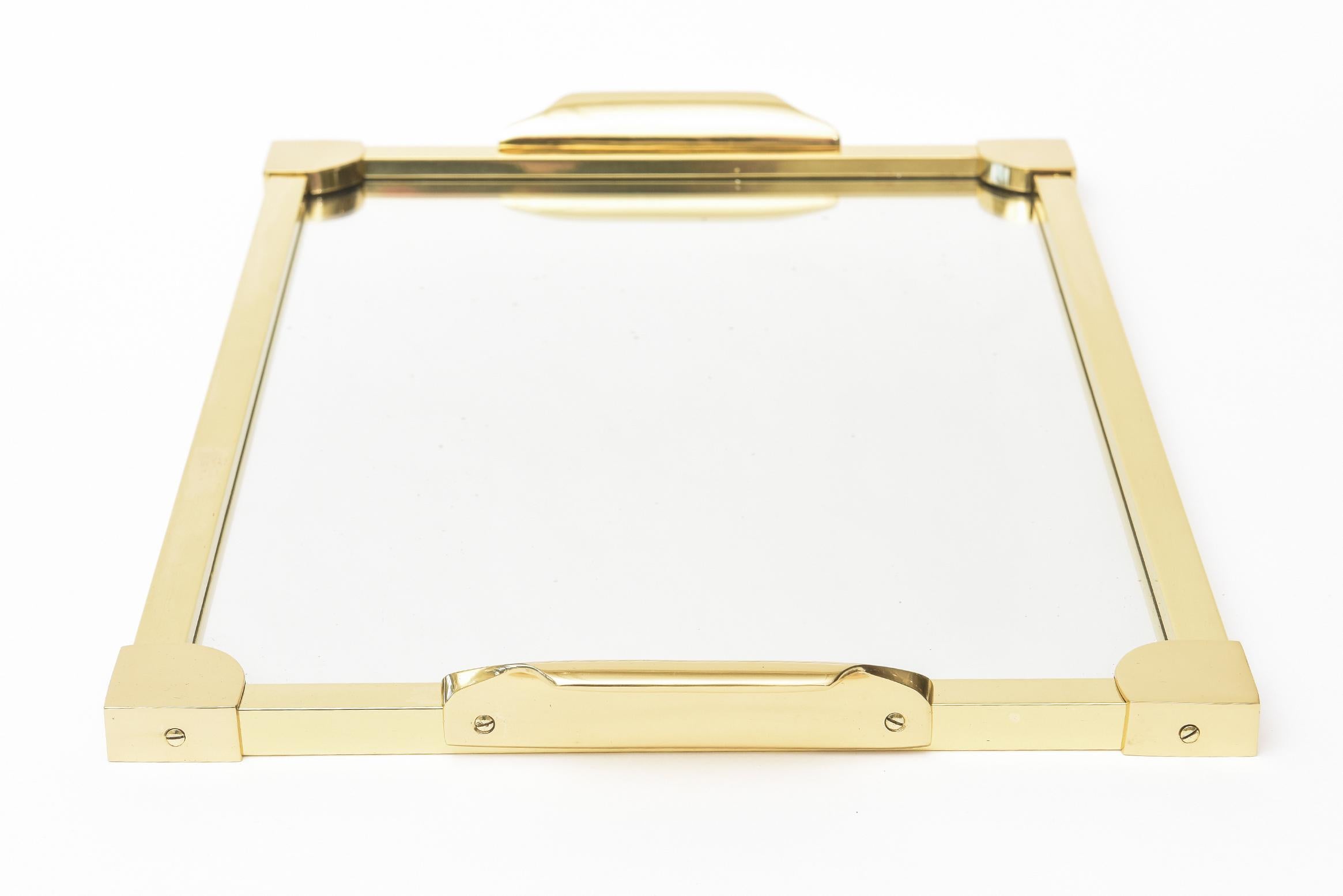Italian Brass Modernist Serving Tray with Mirror Barware Mid-Century Modern In Good Condition For Sale In North Miami, FL