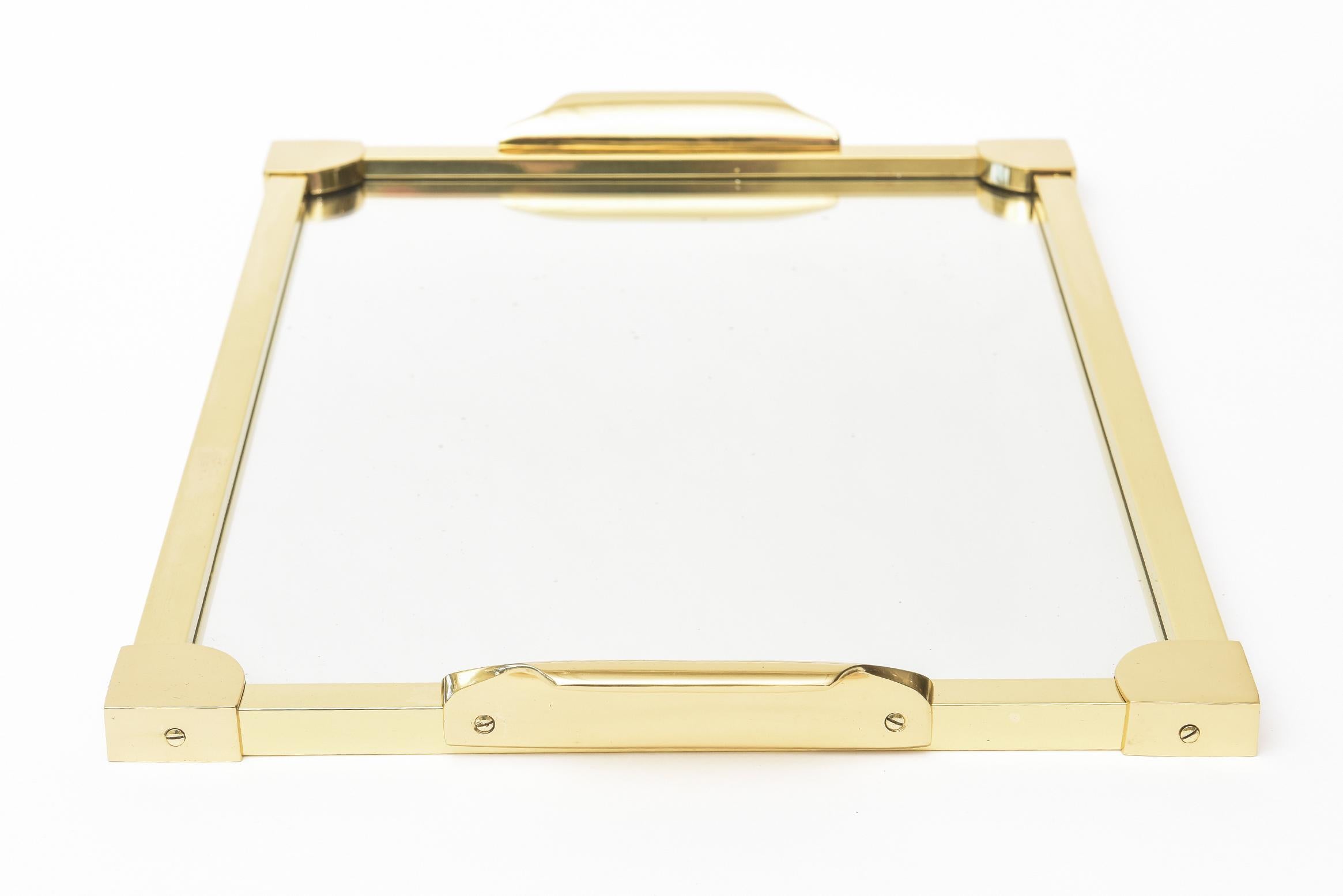 Italian Brass Modernist Serving Tray with Mirror Barware Mid-Century Modern In Good Condition In North Miami, FL