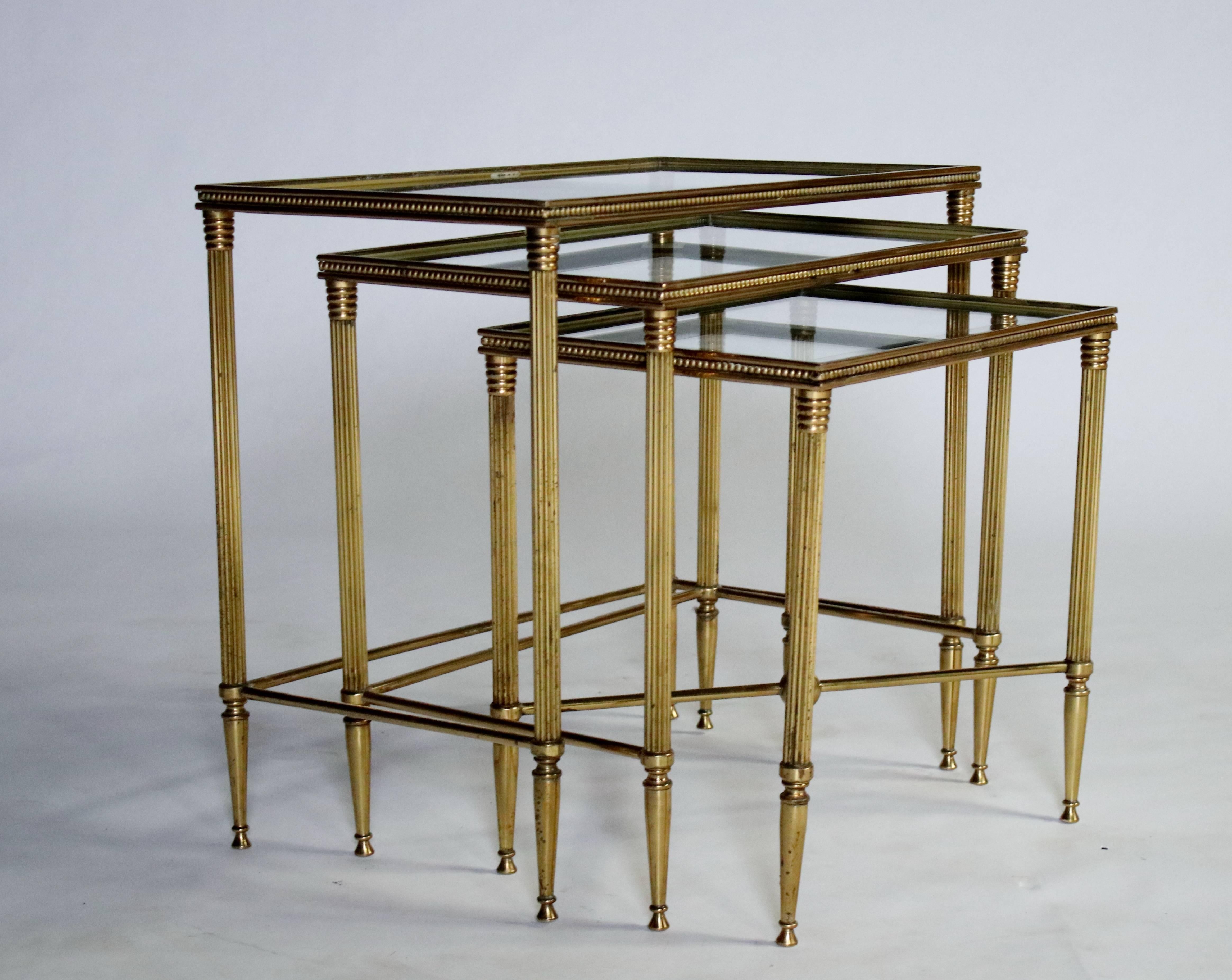 Hollywood Regency Italian Brass Nesting Tables with Mirrored Frame Glass Tops
