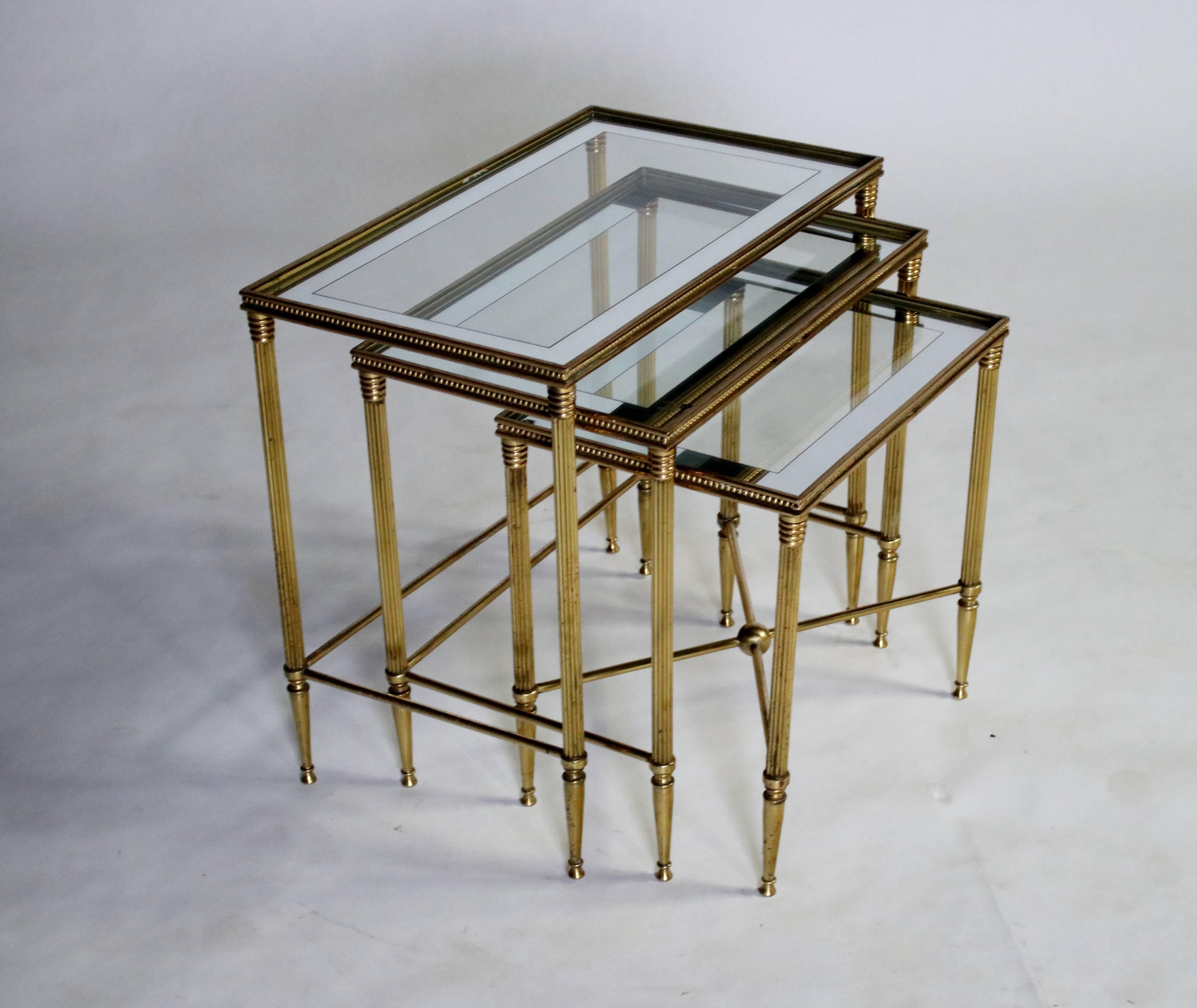 Italian Brass Nesting Tables with Mirrored Frame Glass Tops In Good Condition In Chicago, IL