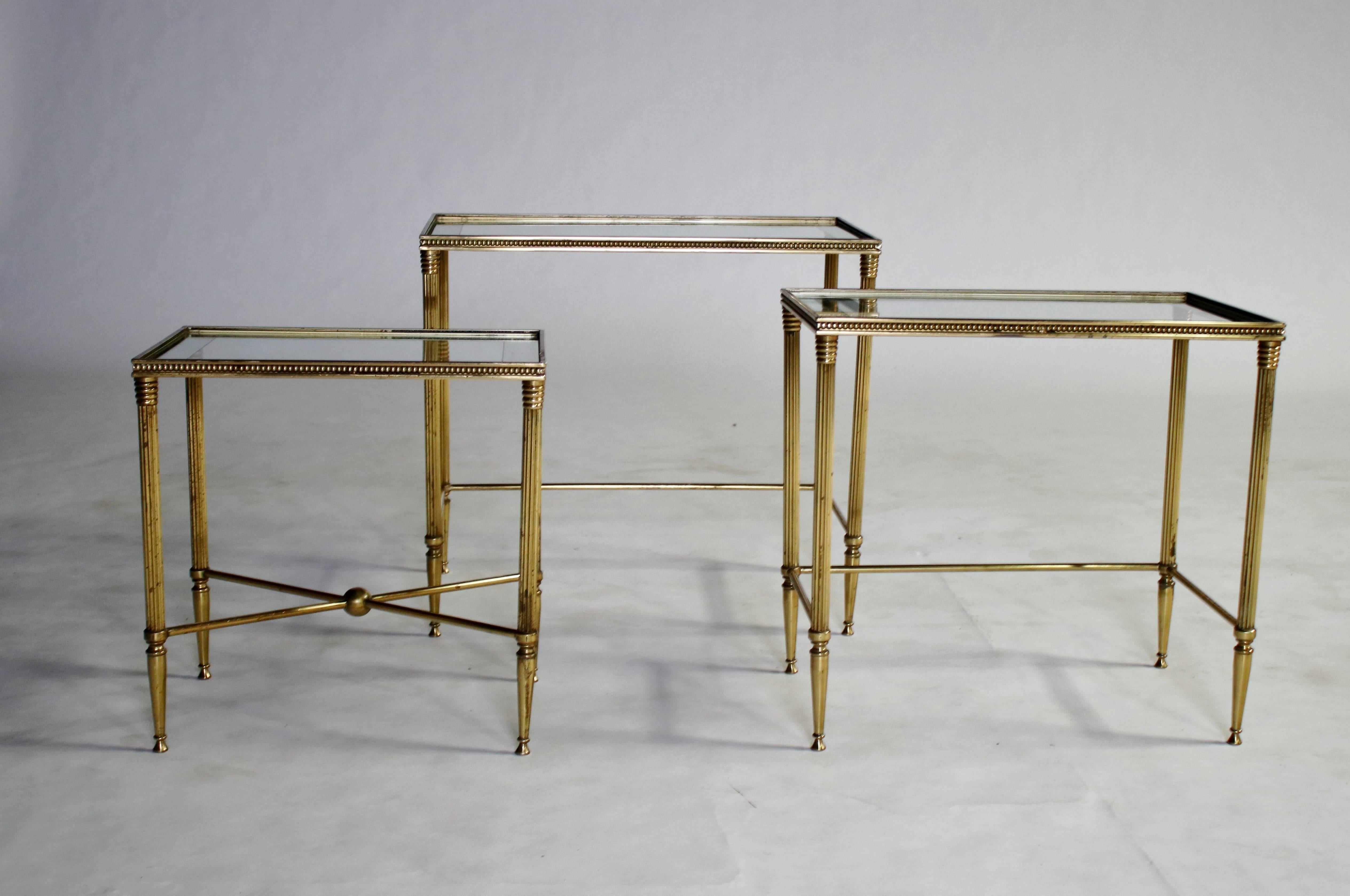 Mid-20th Century Italian Brass Nesting Tables with Mirrored Frame Glass Tops