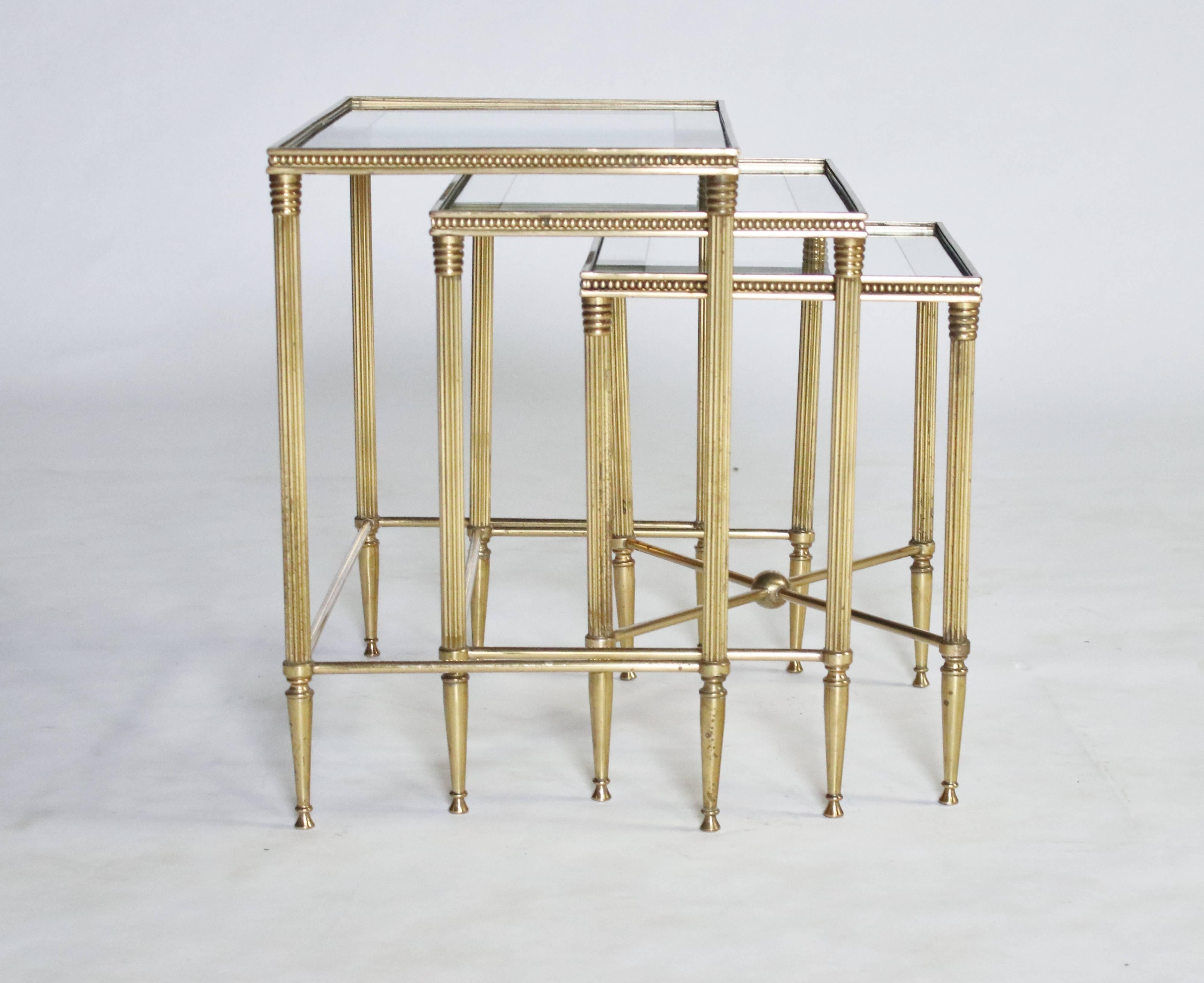 Italian Brass Nesting Tables with Mirrored Frame Glass Tops 4