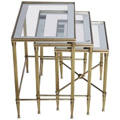 Italian Brass Nesting Tables with Mirrored Frame Glass Tops