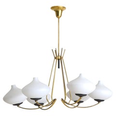 Italian Brass + Opaline Glass Chandelier in the Manner of Stilnovo, 1950s