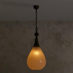 Italian Brass + Opaline Glass Teardrop Pendant Light, 1950s