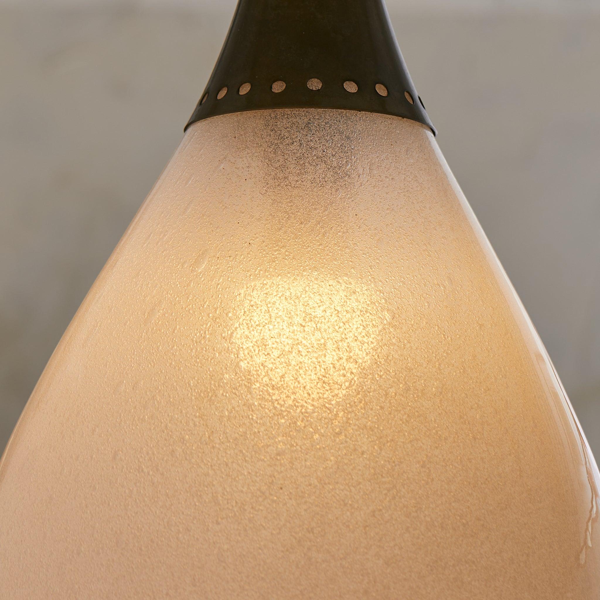 Mid-Century Modern Italian Brass + Opaline Glass Teardrop Pendant Light, 1950s For Sale