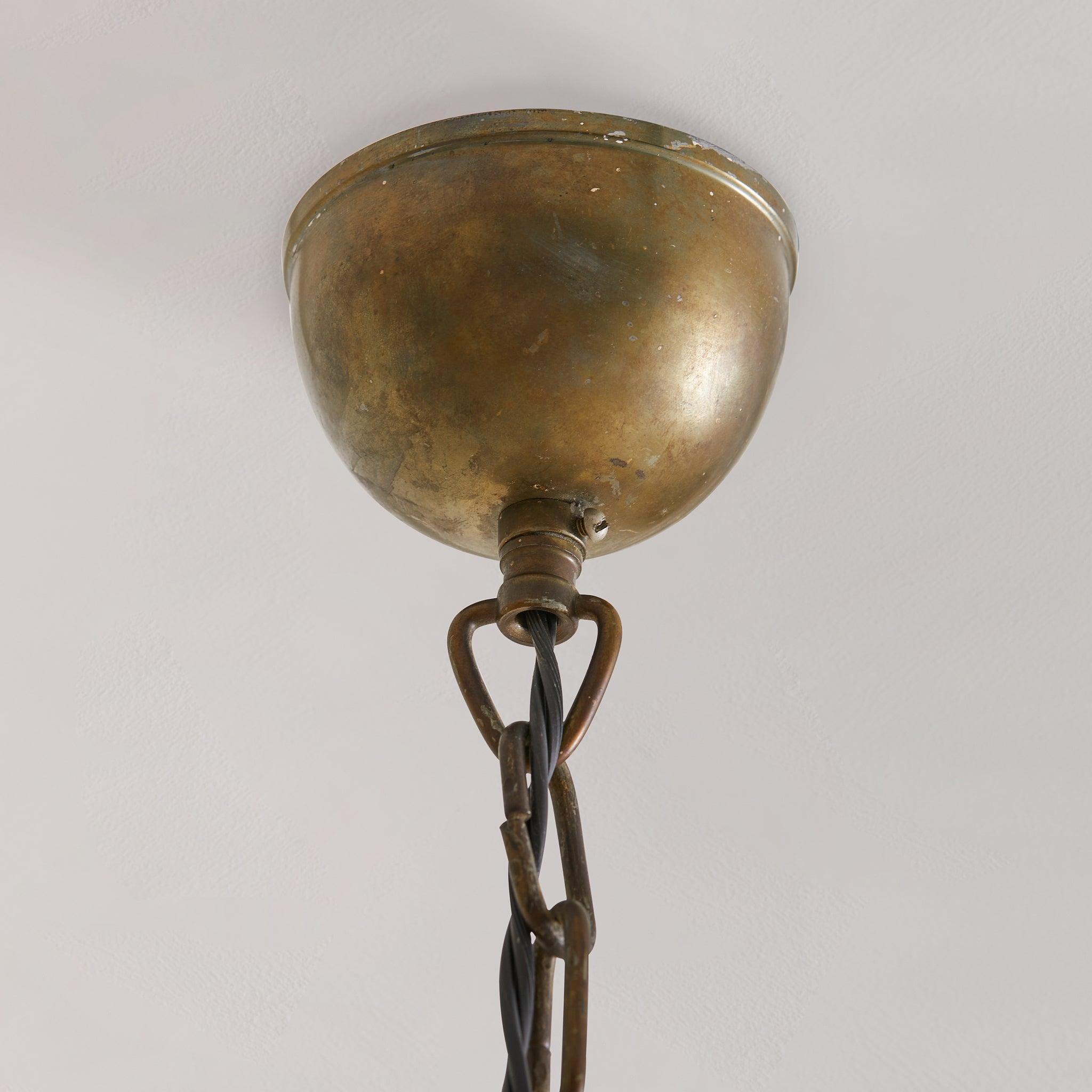 Mid-20th Century Italian Brass + Opaline Glass Teardrop Pendant Light, 1950s For Sale