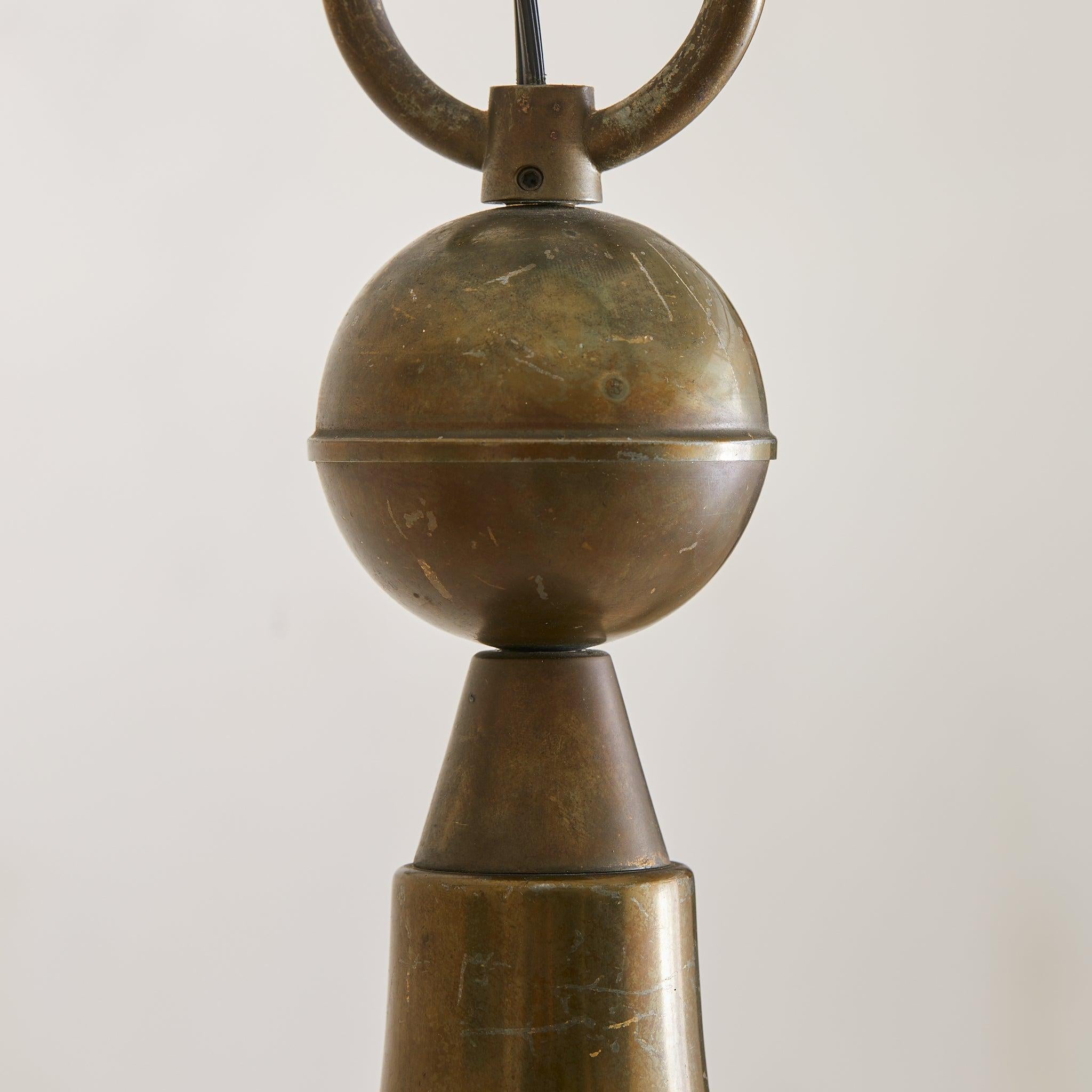 Italian Brass + Opaline Glass Teardrop Pendant Light, 1950s For Sale 1