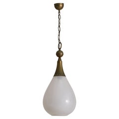 Italian Brass + Opaline Glass Teardrop Pendant Light, 1950s