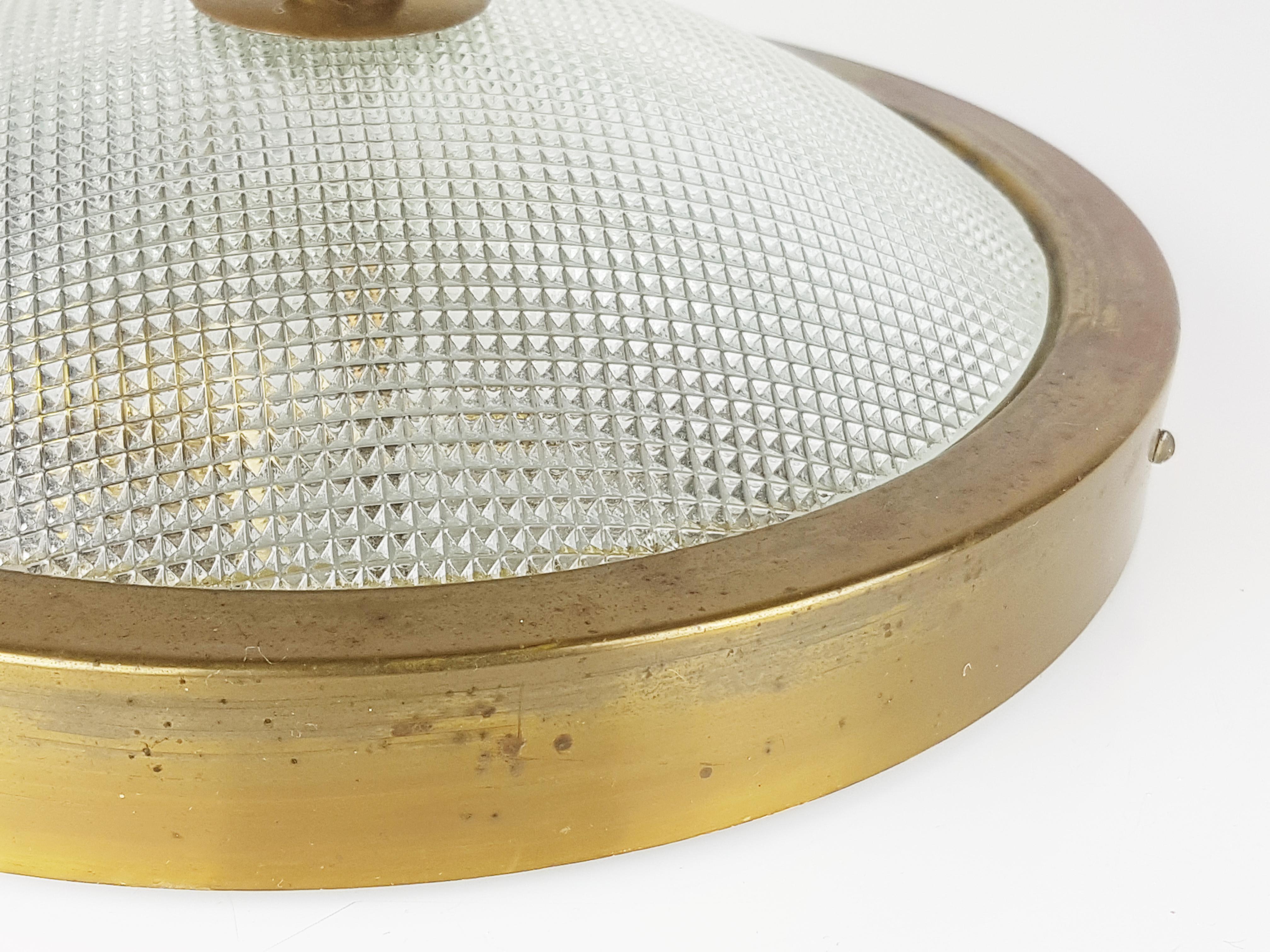Italian Brass & Optical Convex Glass Mid-Century Modern Flushmount or Wall Lamp 1
