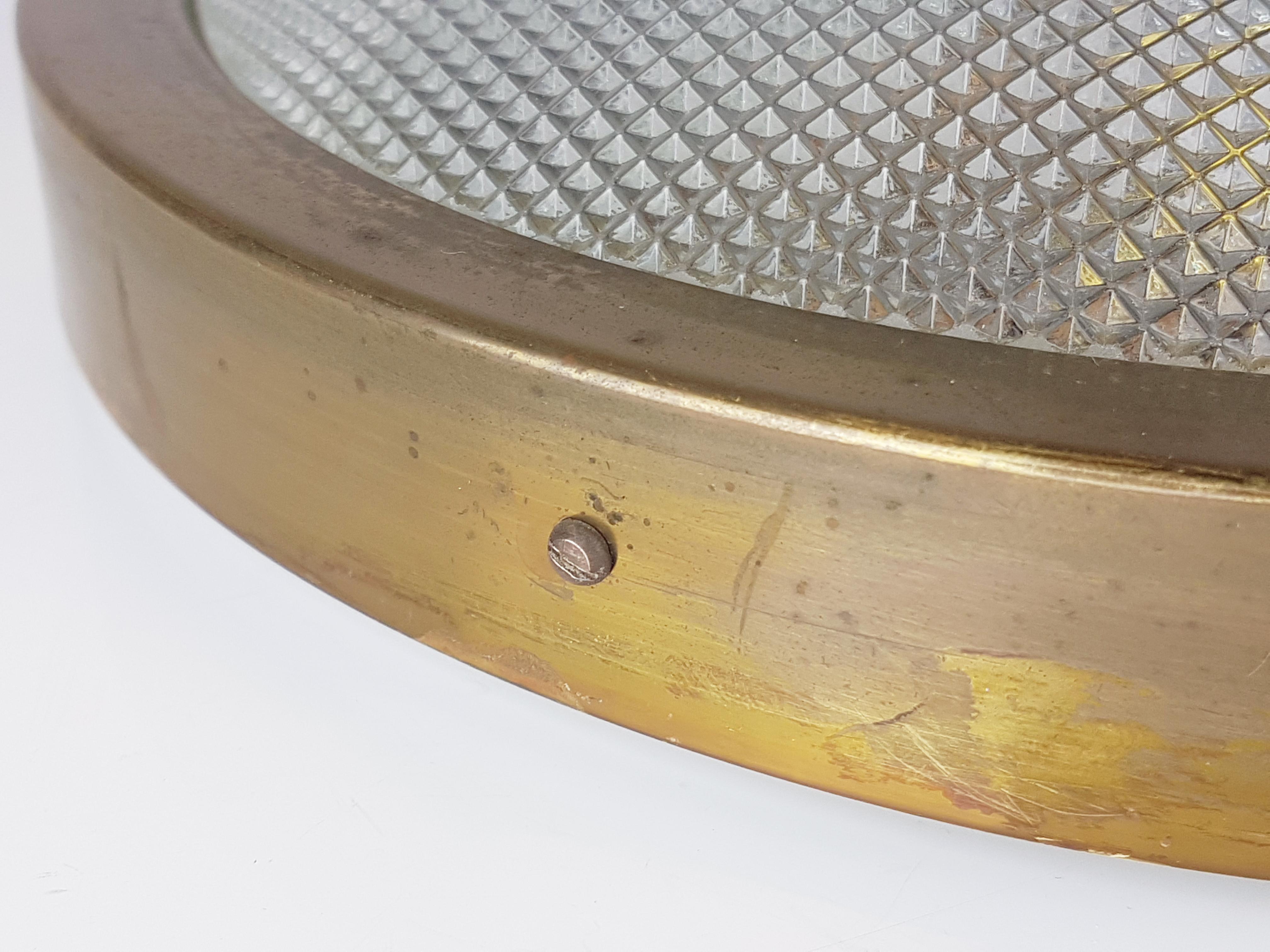 Italian Brass & Optical Convex Glass Mid-Century Modern Flushmount or Wall Lamp 2