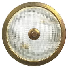 Italian Brass & Optical Convex Glass Mid-Century Modern Flushmount or Wall Lamp
