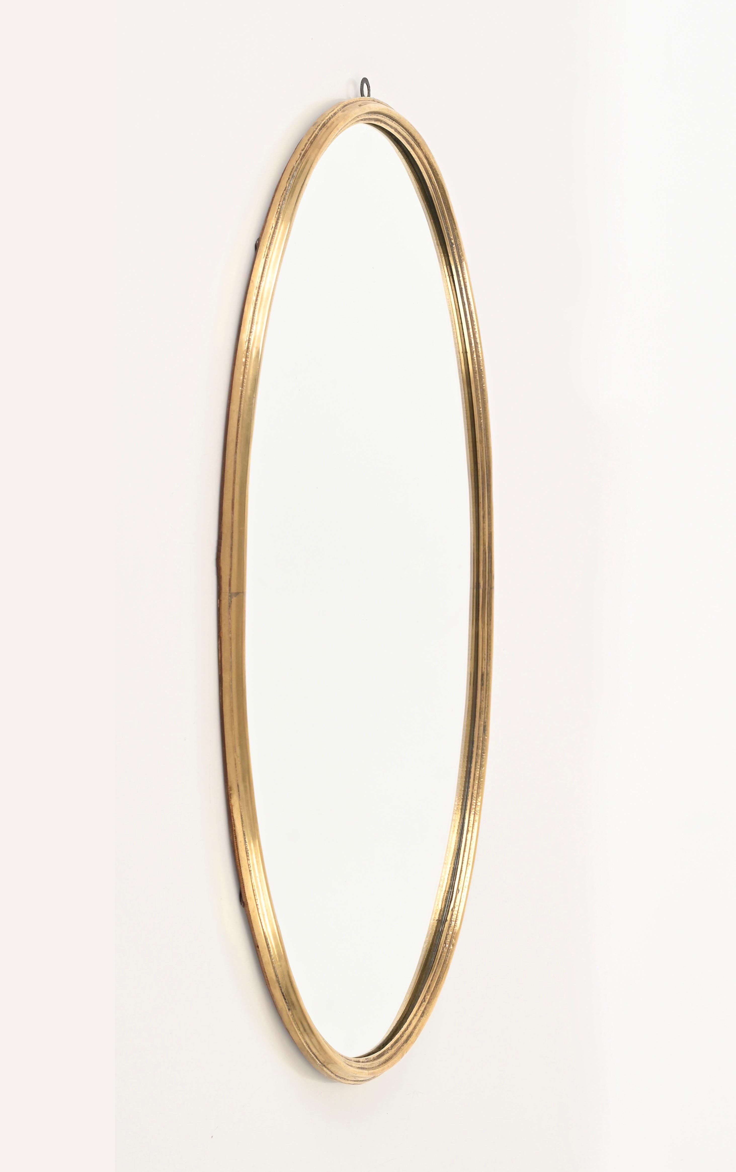 20th Century Italian Brass Oval Wall Mirror, Italy 1950s For Sale
