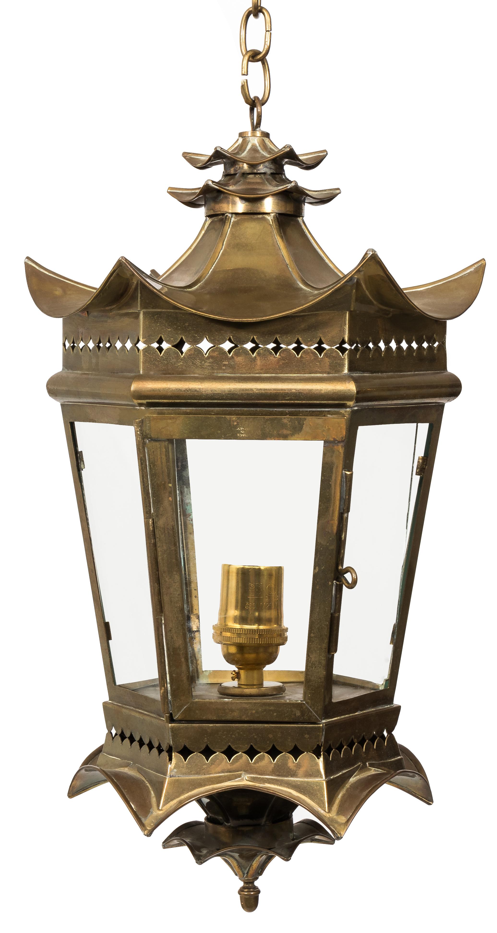 1960s Italian brass pagoda pendant light. Clear glass panels. Takes one standard bulb. Newly rewired with 36” L chain and canopy included. Stamped made in Italy.