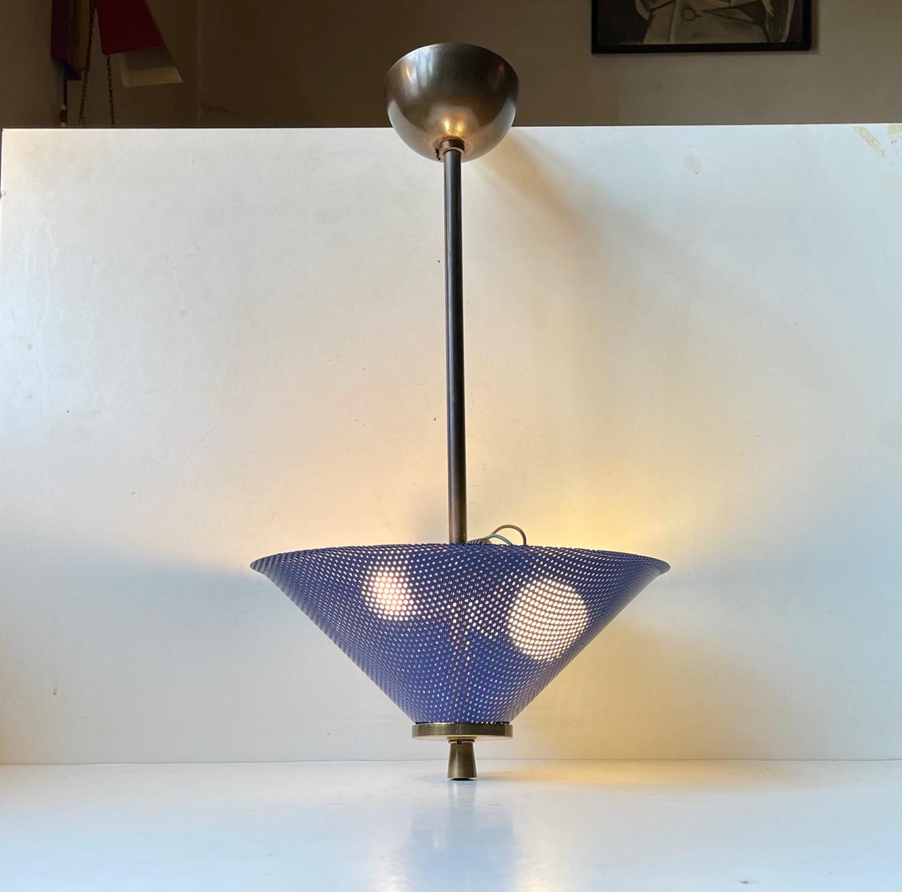 Mid-Century Modern Italian Brass Pendant Lamp with Blue Shade, 1950s