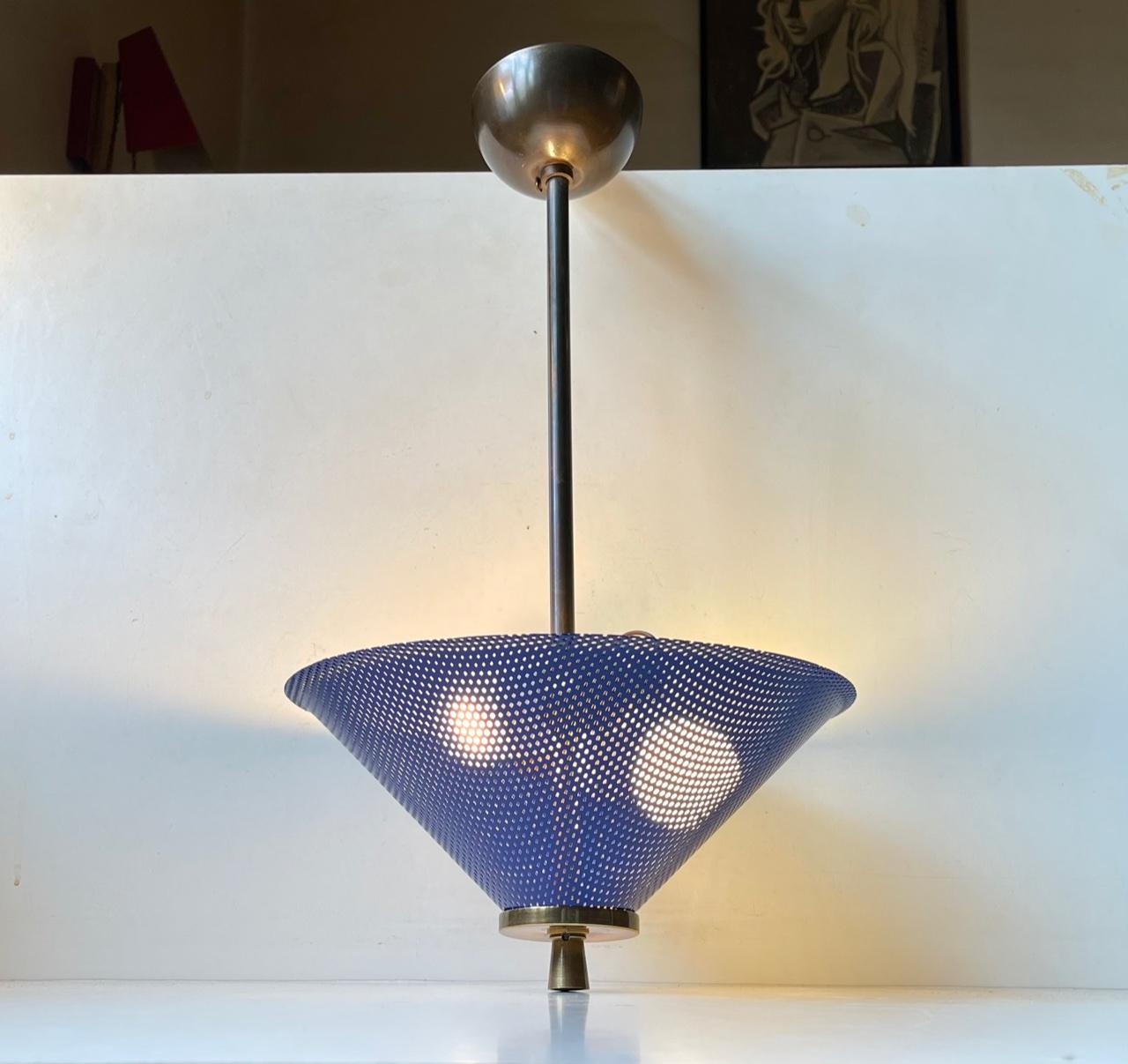 Italian Brass Pendant Lamp with Blue Shade, 1950s In Good Condition In Esbjerg, DK