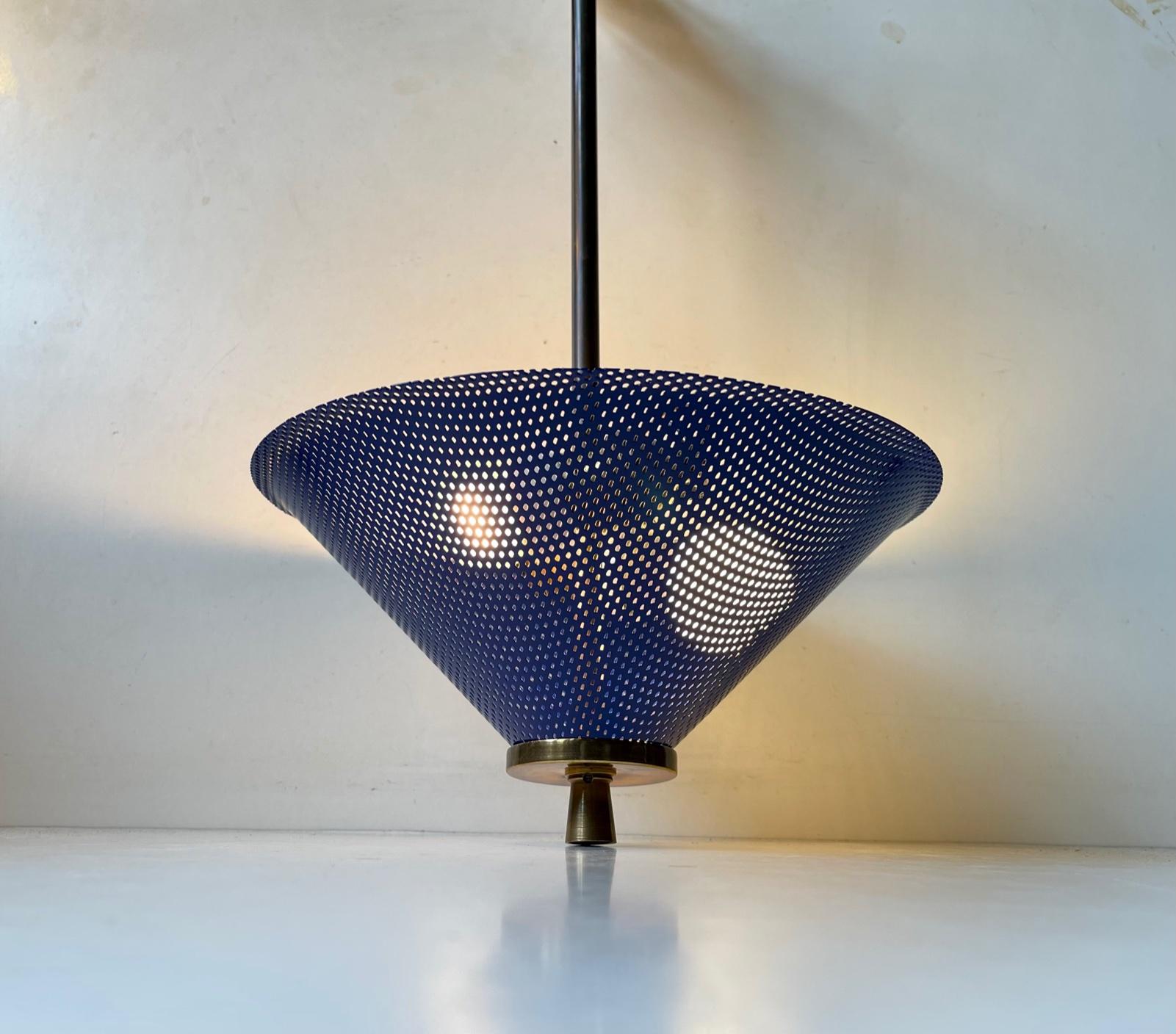Mid-20th Century Italian Brass Pendant Lamp with Blue Shade, 1950s