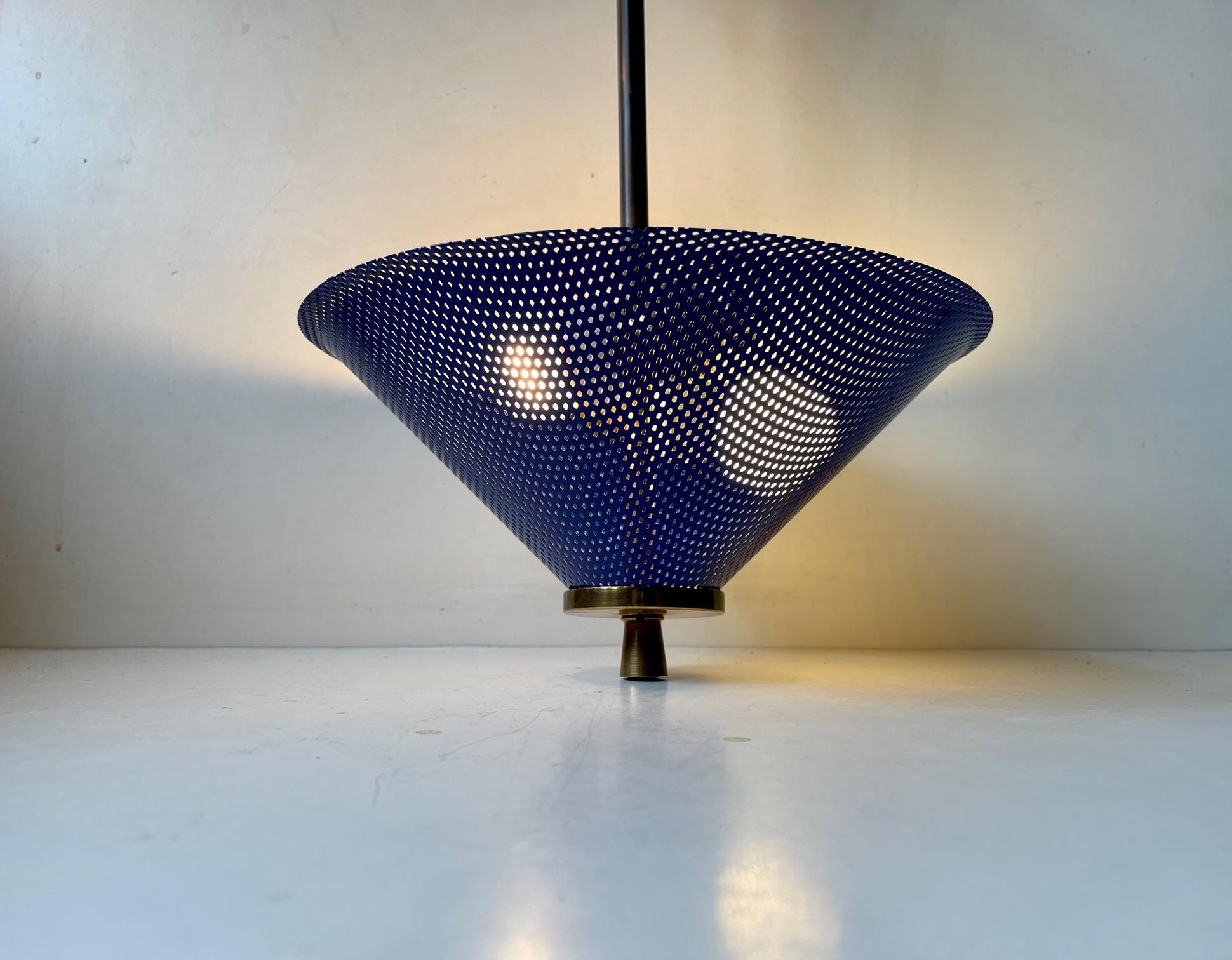Italian Brass Pendant Lamp with Blue Shade, 1950s 1
