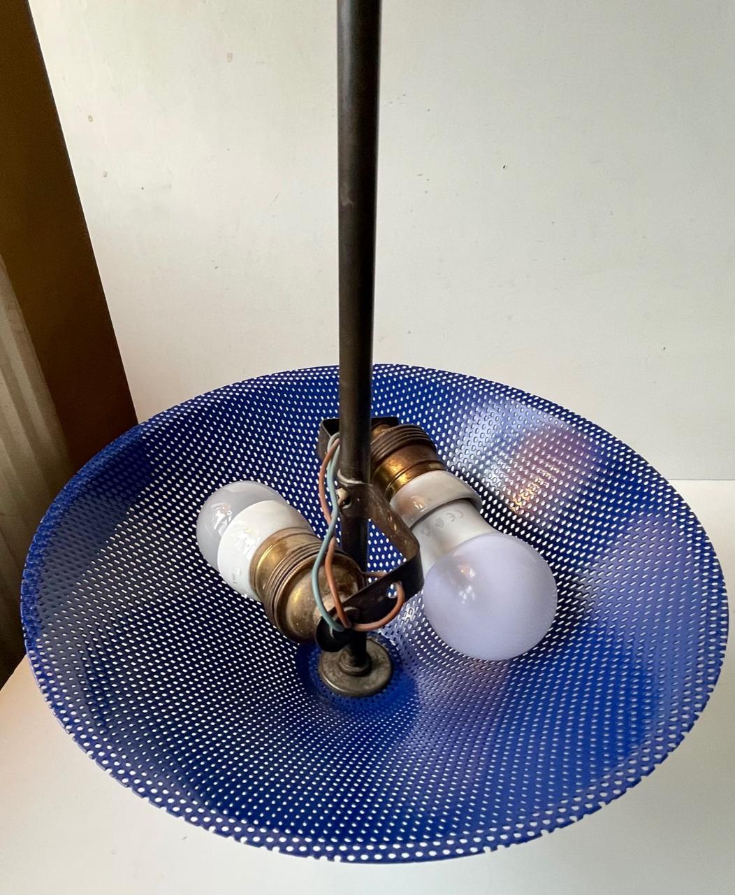 Italian Brass Pendant Lamp with Blue Shade, 1950s 3