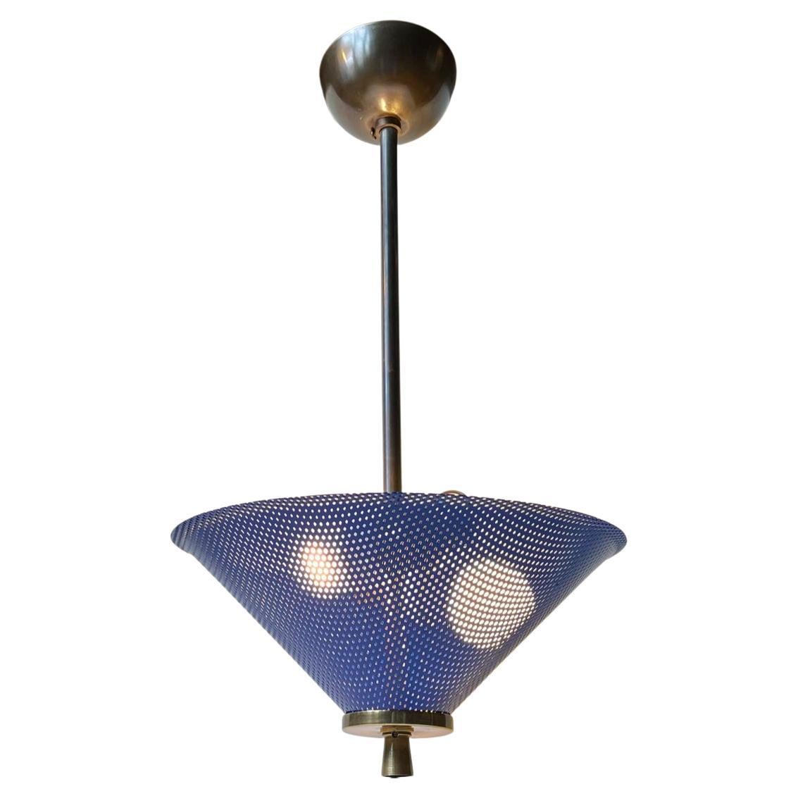 Italian Brass Pendant Lamp with Blue Shade, 1950s