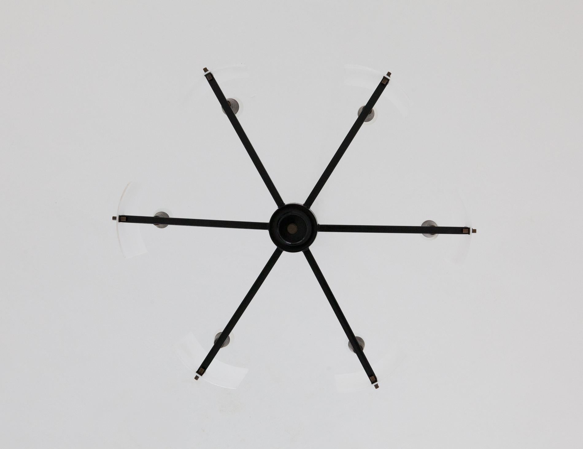 Mid-Century Modern Italian Brass Perspex and black iron Chandelier, 1950s