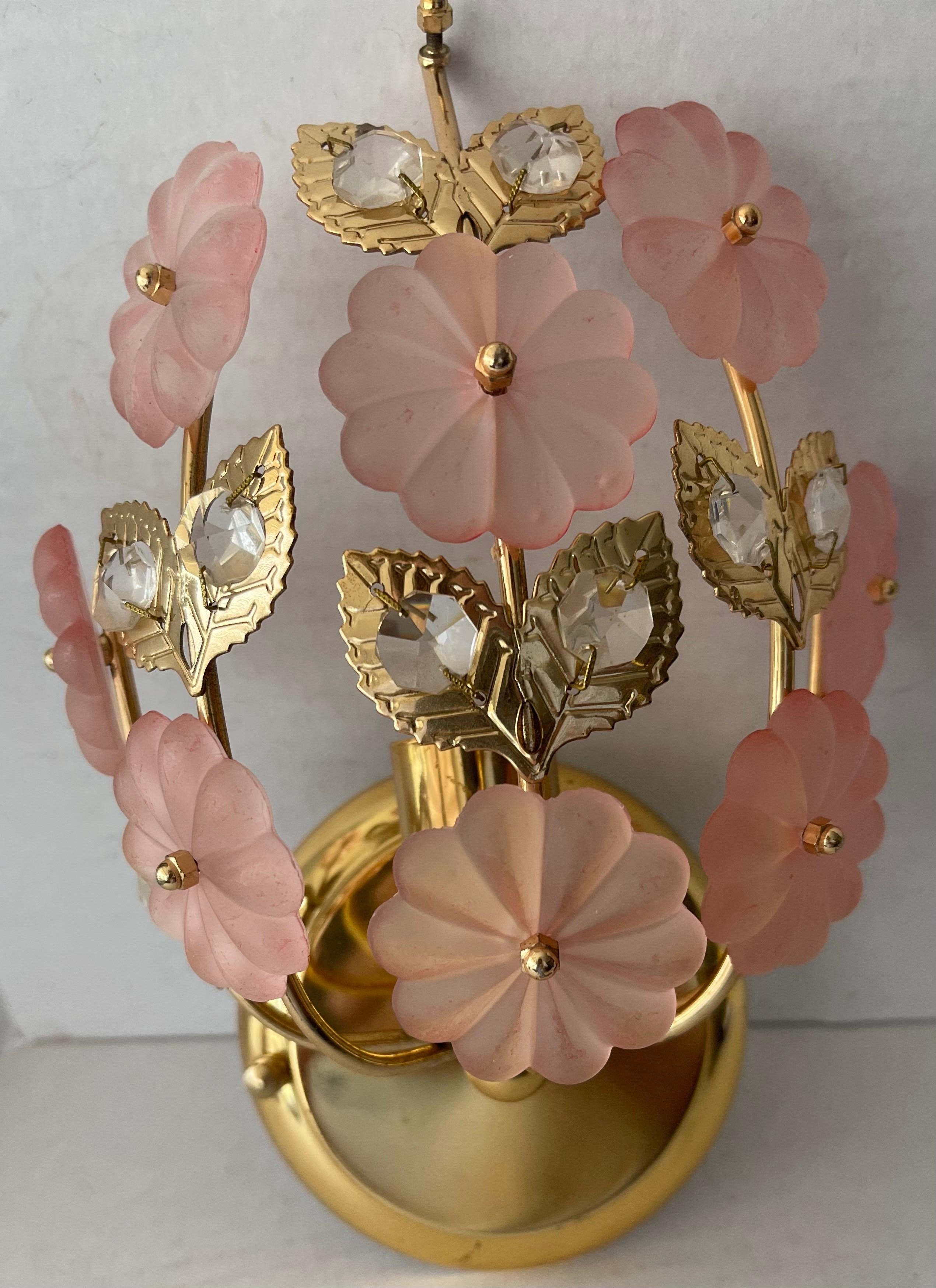 Ottone Scontrino singolo in ottone italiano e vetro a fiori rosa in vendita
