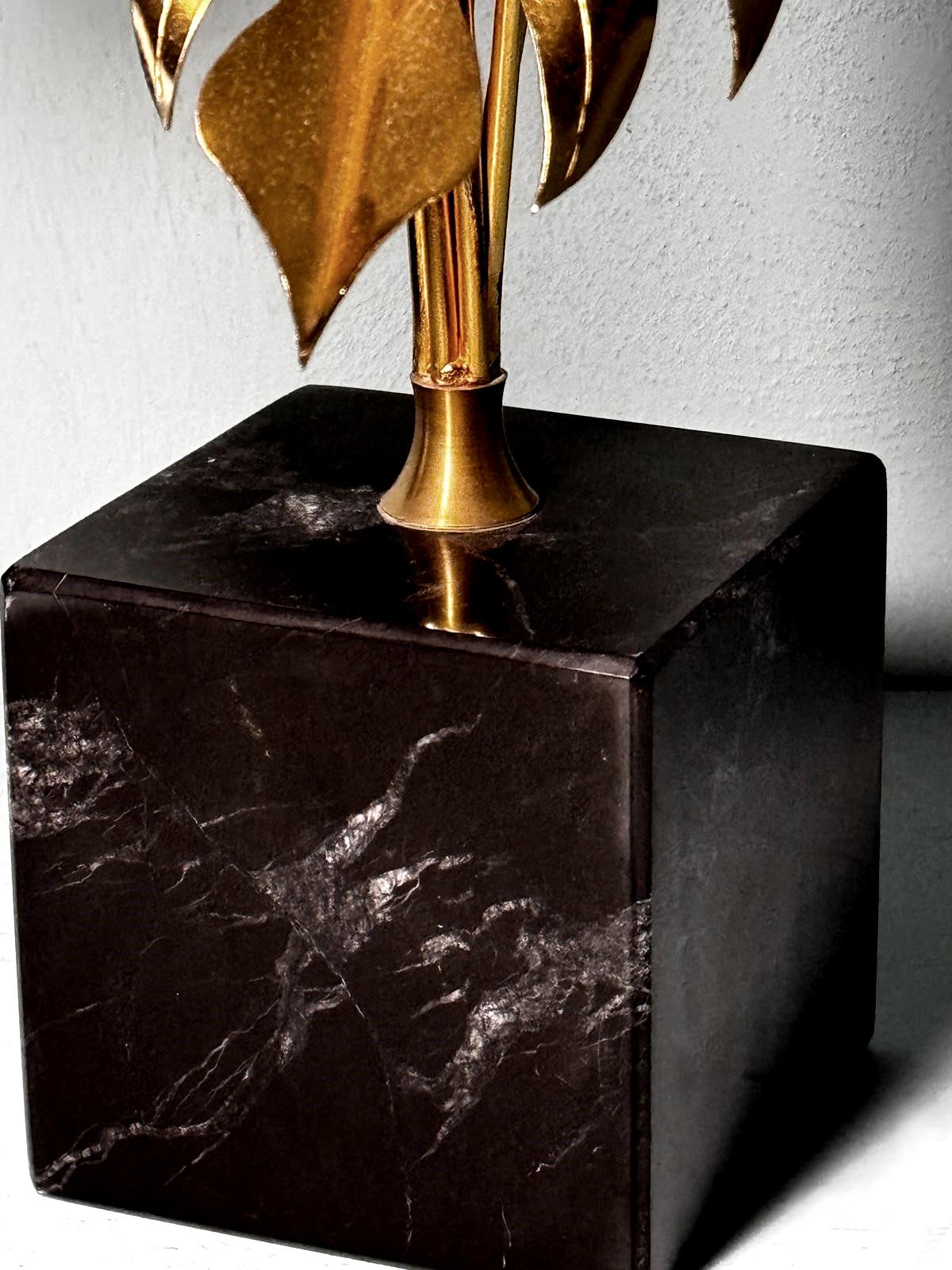 Italian Brass Plant Sculpture Mounted On Black Marquinia Marble For Sale 5