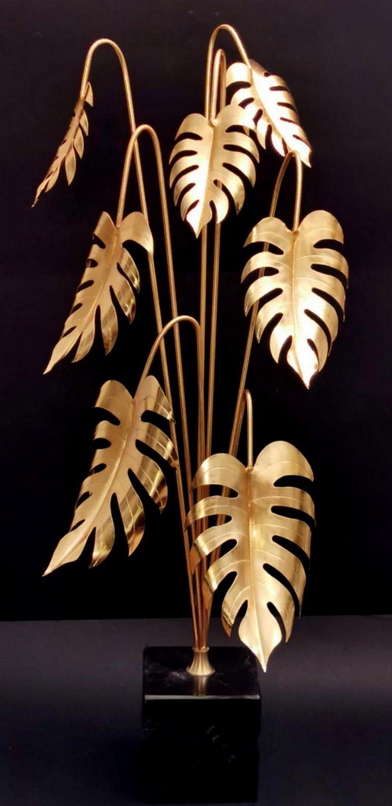 Italian Brass Plant Sculpture Mounted On Black Marquinia Marble For Sale 6