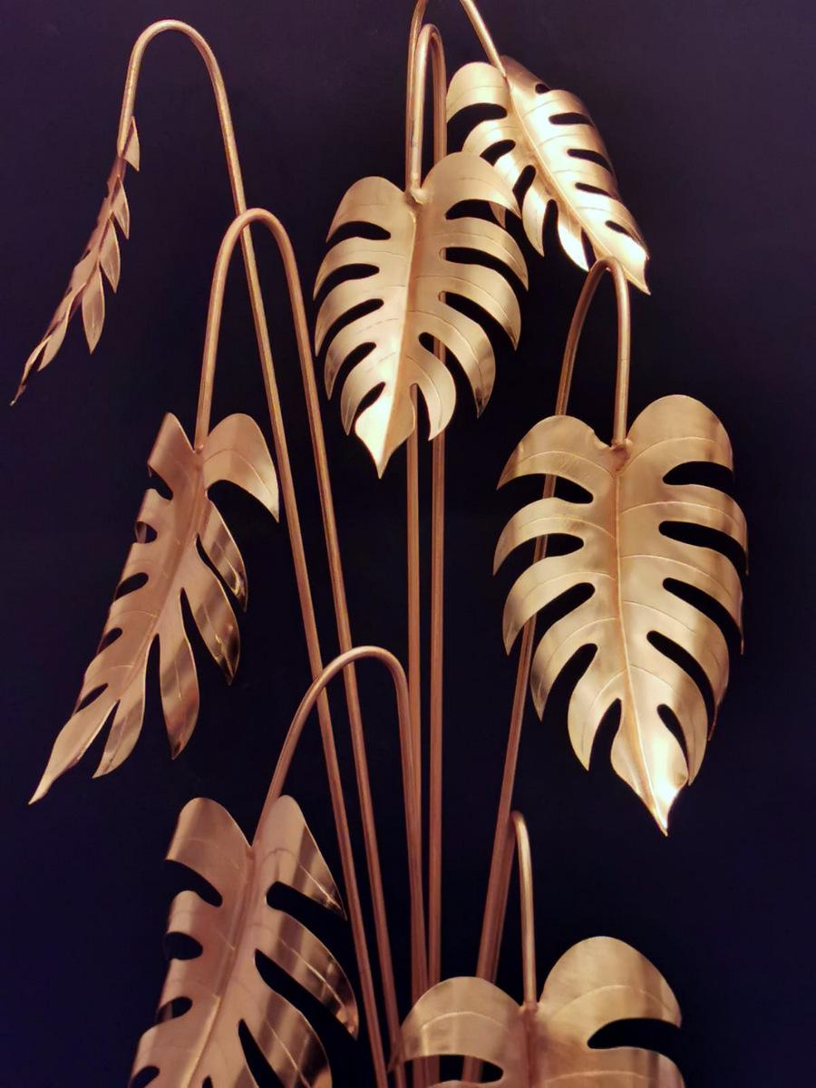 Italian Brass Plant Sculpture Mounted On Black Marquinia Marble For Sale 8