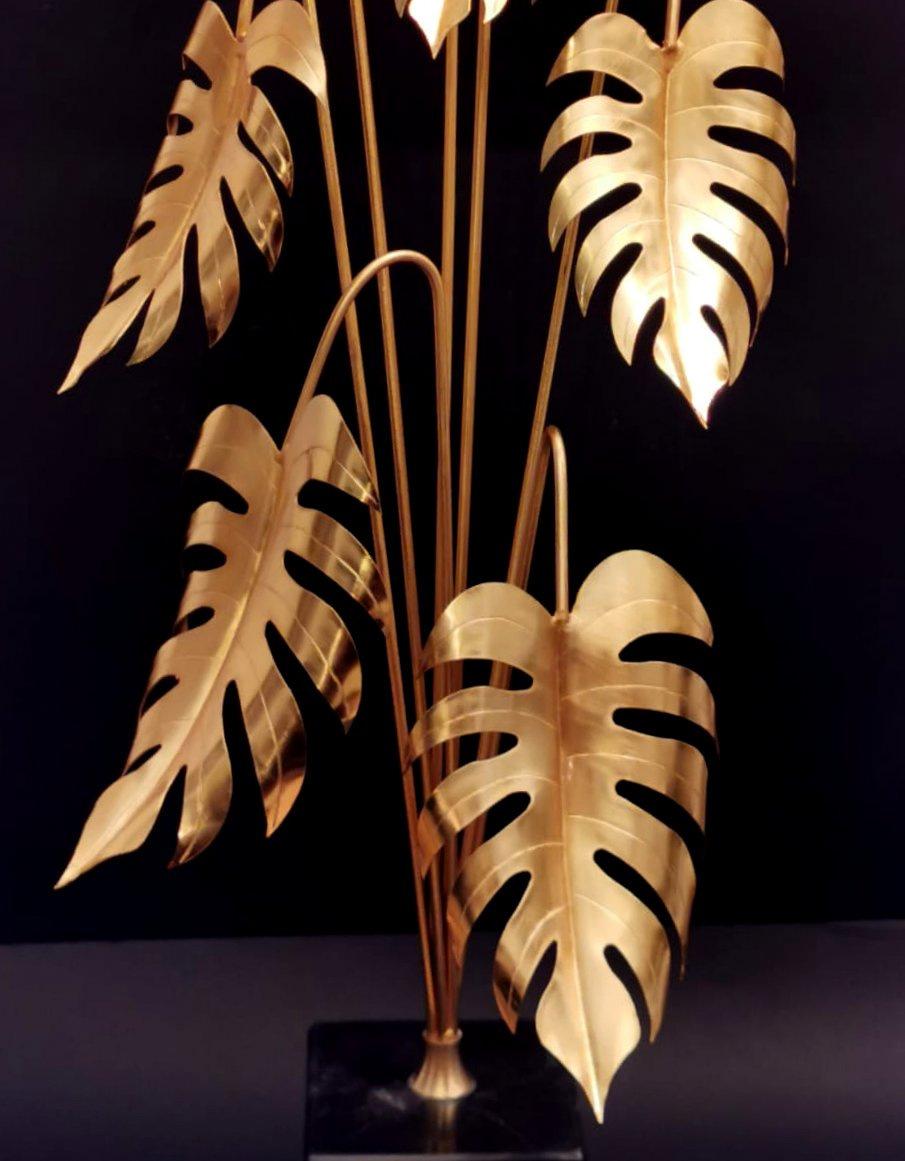 Italian Brass Plant Sculpture Mounted On Black Marquinia Marble For Sale 9