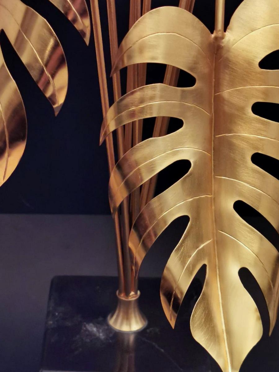 Italian Brass Plant Sculpture Mounted On Black Marquinia Marble For Sale 10