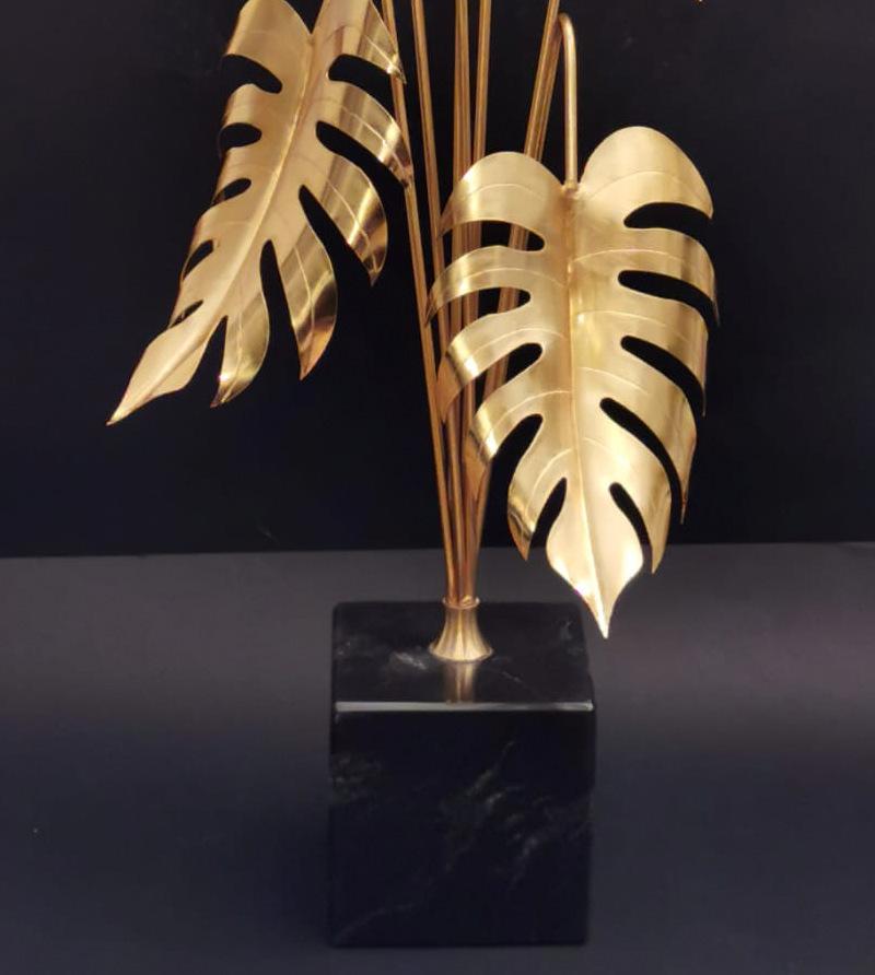 Italian Brass Plant Sculpture Mounted On Black Marquinia Marble For Sale 11