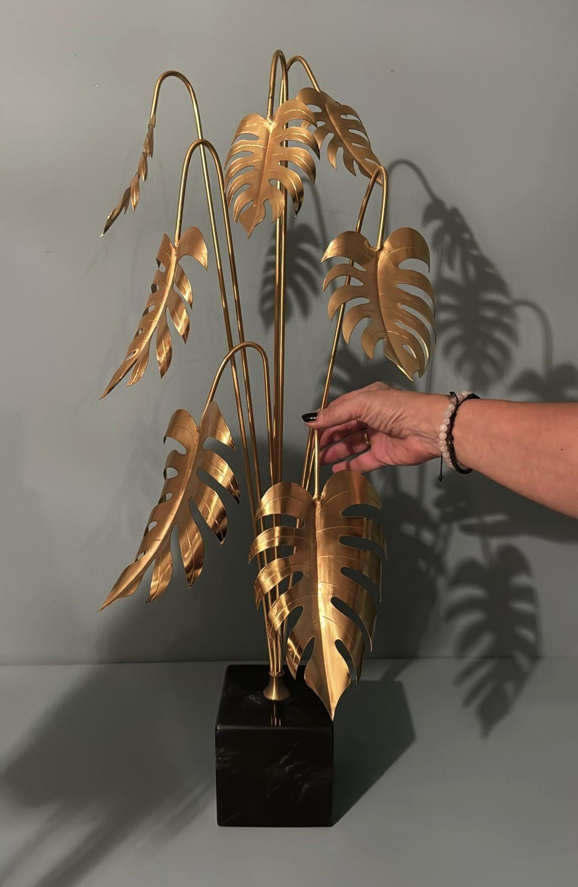 Italian Brass Plant Sculpture Mounted On Black Marquinia Marble For Sale 14