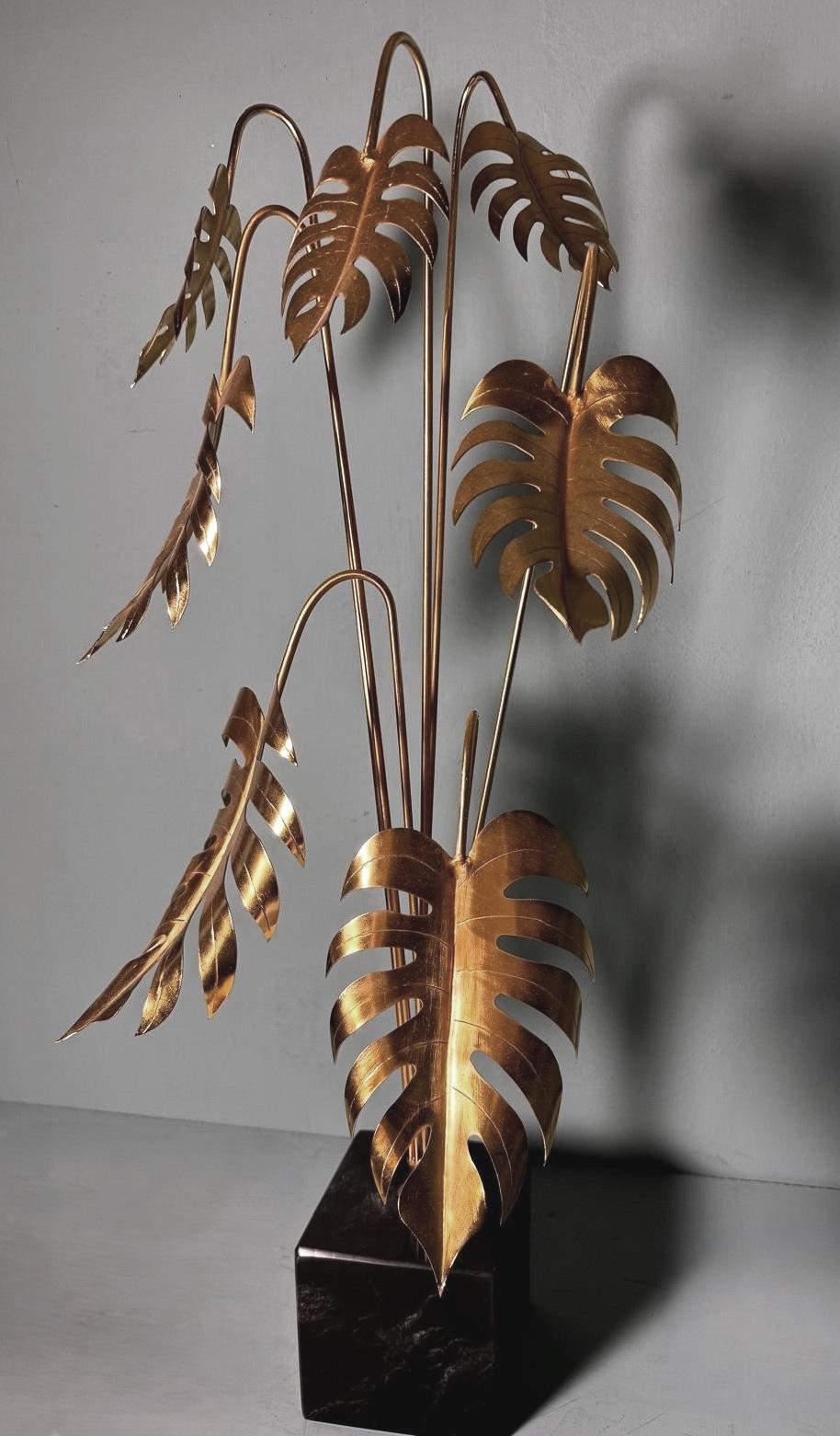 Modern Italian Brass Plant Sculpture Mounted On Black Marquinia Marble For Sale