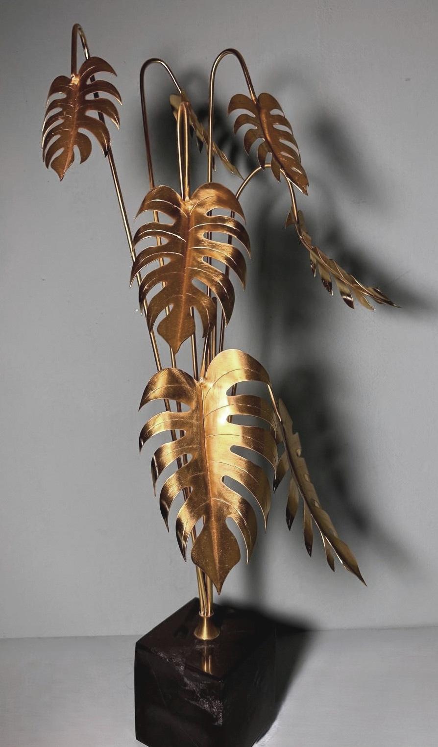 Hand-Crafted Italian Brass Plant Sculpture Mounted On Black Marquinia Marble For Sale