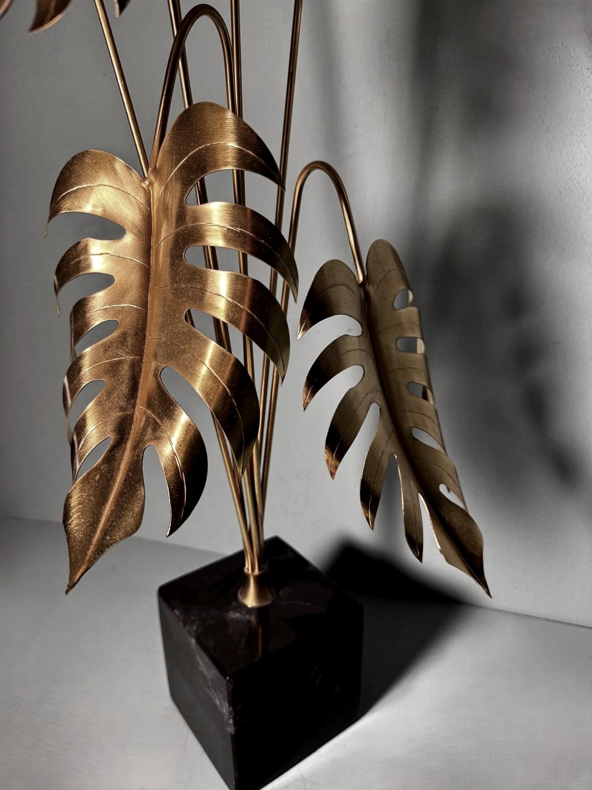 20th Century Italian Brass Plant Sculpture Mounted On Black Marquinia Marble For Sale