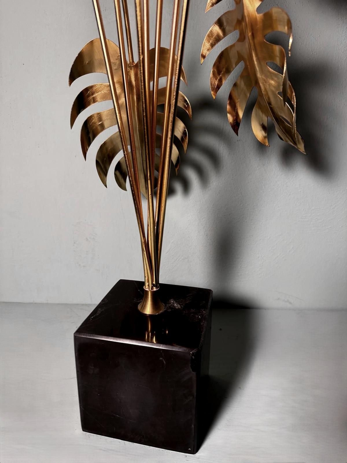 Italian Brass Plant Sculpture Mounted On Black Marquinia Marble For Sale 1