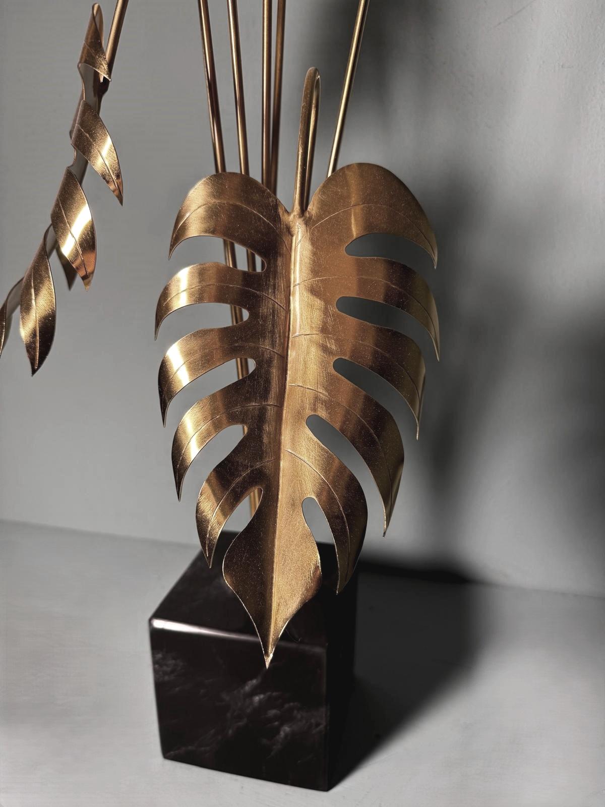 Italian Brass Plant Sculpture Mounted On Black Marquinia Marble For Sale 2